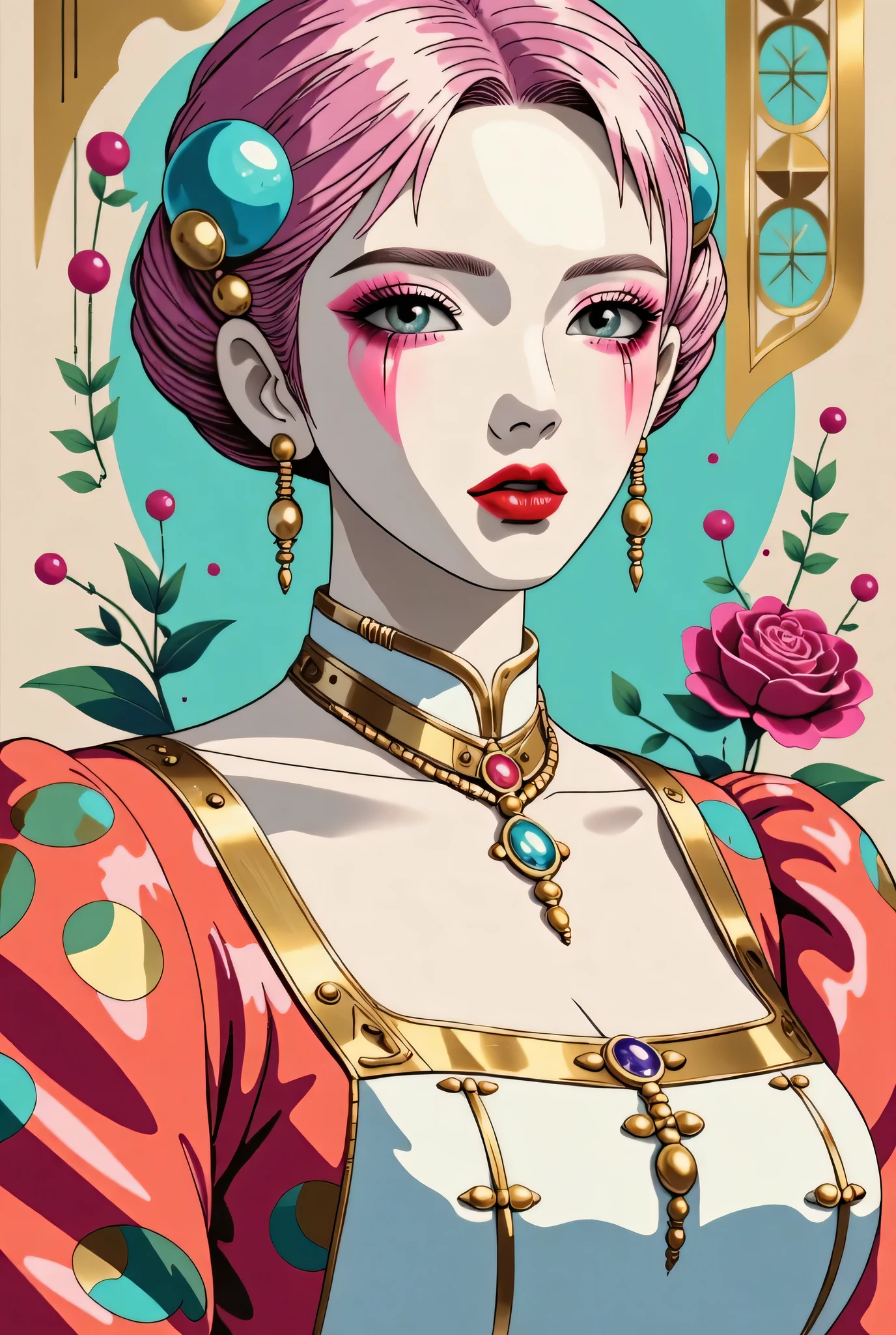 illustrated by Guo Chao style, poster design, in the style of psychedelic color schemes, hyper-detailed illustrations, 16k, a painting of a pagoda in the evening, in the style of graphic design-inspired illustrations, circular shapes detailed botanical illustrations, light cyan and orange can't believe how beautiful this is, mythological influences, chinapunk high quality, Super detailed, Super exquisite, 8k, 1girl, sunglasses, solo, hat, lipstick, red lips, long pink hair, aqua eyes, dress, plunging neckline, makeup, big breasts, cleavage, looking at viewer, arms behind back, ulzzang, portrait, sexy, submissive, ((seductive)), ((heavy blushing)), shy, tease, Sharp focus, ((shiny skin)), ((naughty girl)), Create a digital art work in pop art style, featureing a vibrant and confident asian woman with bold makeup and colorful dress, cinematic color scheme, surrounded by vintage flowers patterns, energtic brushstrokes,the mood should be dynamic, upper body, drawing, illustration, grayscale, tropical, vintage fruits, vintage plants, many flowers, vector