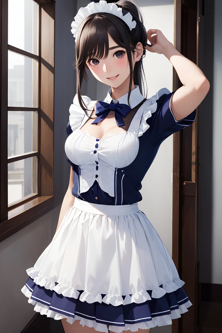 masterpiece, highest quality,健全なphotograph、 One girl, View your viewers, Small waist, RAWphotograph,Beautiful fingertips、 Ultra-realistic, High resolution, photograph, Sharp focus, Most detailed, Very detailed, Super detailed, In detail, Very detailed目と顔、Idol、Thighs, beautiful girl,View your viewers, Small waist,Symmetrical face, whole body、White T-shirt、No sleeve、White lace apron、Micro Skirt、White lace knee socks、Cleavage、Large Breasts、Long Hair、はだけたThighs、Beautiful navel、美しいCleavage、The bouncing breasts、Fun laughs、Put your hands up、Make a dish、Holding a ladle、Normal hand