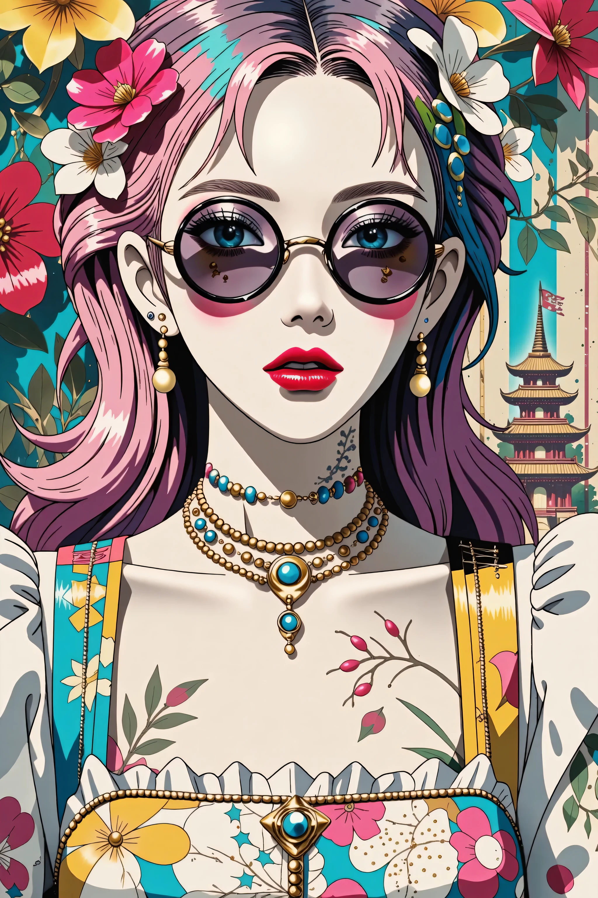 illustrated by Guo Chao style, poster design, in the style of psychedelic color schemes, hyper-detailed illustrations, 16k, a painting of a pagoda in the evening, in the style of graphic design-inspired illustrations, circular shapes detailed botanical illustrations, light cyan and orange can't believe how beautiful this is, mythological influences, chinapunk high quality, Super detailed, Super exquisite, 8k, 1girl, sunglasses, solo, hat, lipstick, red lips, long pink hair, aqua eyes, dress, plunging neckline, makeup, big breasts, cleavage, looking at viewer, arms behind back, ulzzang, portrait, sexy, submissive, ((seductive)), ((heavy blushing)), shy, tease, Sharp focus, ((shiny skin)), ((naughty girl)), Create a digital art work in pop art style, featureing a vibrant and confident asian woman with bold makeup and colorful dress, cinematic color scheme, surrounded by vintage flowers patterns, energtic brushstrokes,the mood should be dynamic, upper body, drawing, illustration, grayscale, tropical, vintage fruits, vintage plants, many flowers, vector