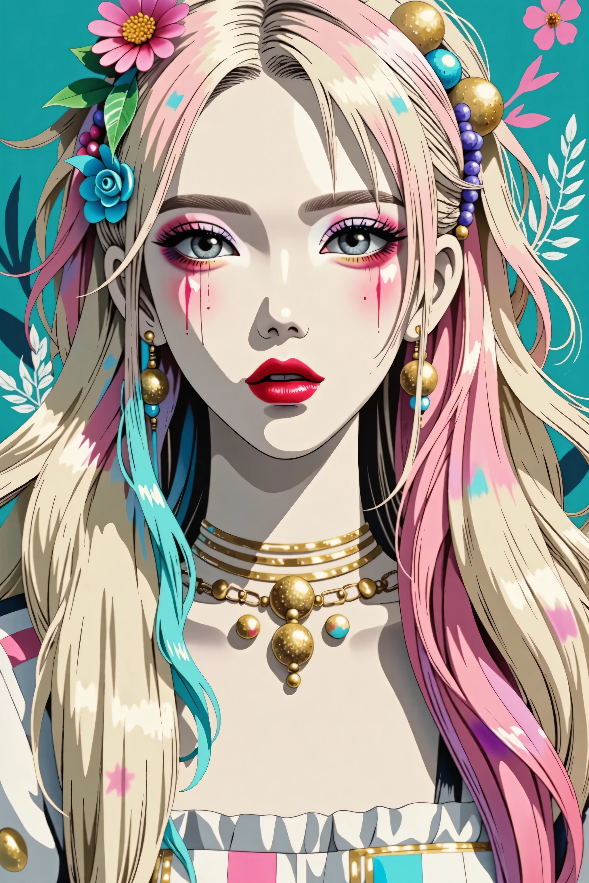 illustrated by Guo Chao style, poster design, in the style of psychedelic color schemes, hyper-detailed illustrations, 16k, a painting of a pagoda in the evening, in the style of graphic design-inspired illustrations, circular shapes detailed botanical illustrations, light cyan and orange can't believe how beautiful this is, mythological influences, chinapunk high quality, Super detailed, Super exquisite, 8k, 1girl, sunglasses, solo, hat, lipstick, red lips, long pink hair, aqua eyes, dress, plunging neckline, makeup, big breasts, cleavage, looking at viewer, arms behind back, ulzzang, portrait, sexy, submissive, ((seductive)), ((heavy blushing)), shy, tease, Sharp focus, ((shiny skin)), ((naughty girl)), Create a digital art work in pop art style, featureing a vibrant and confident asian woman with bold makeup and colorful dress, cinematic color scheme, surrounded by vintage flowers patterns, energtic brushstrokes,the mood should be dynamic, upper body, drawing, illustration, grayscale, tropical, vintage fruits, vintage plants, many flowers, vector