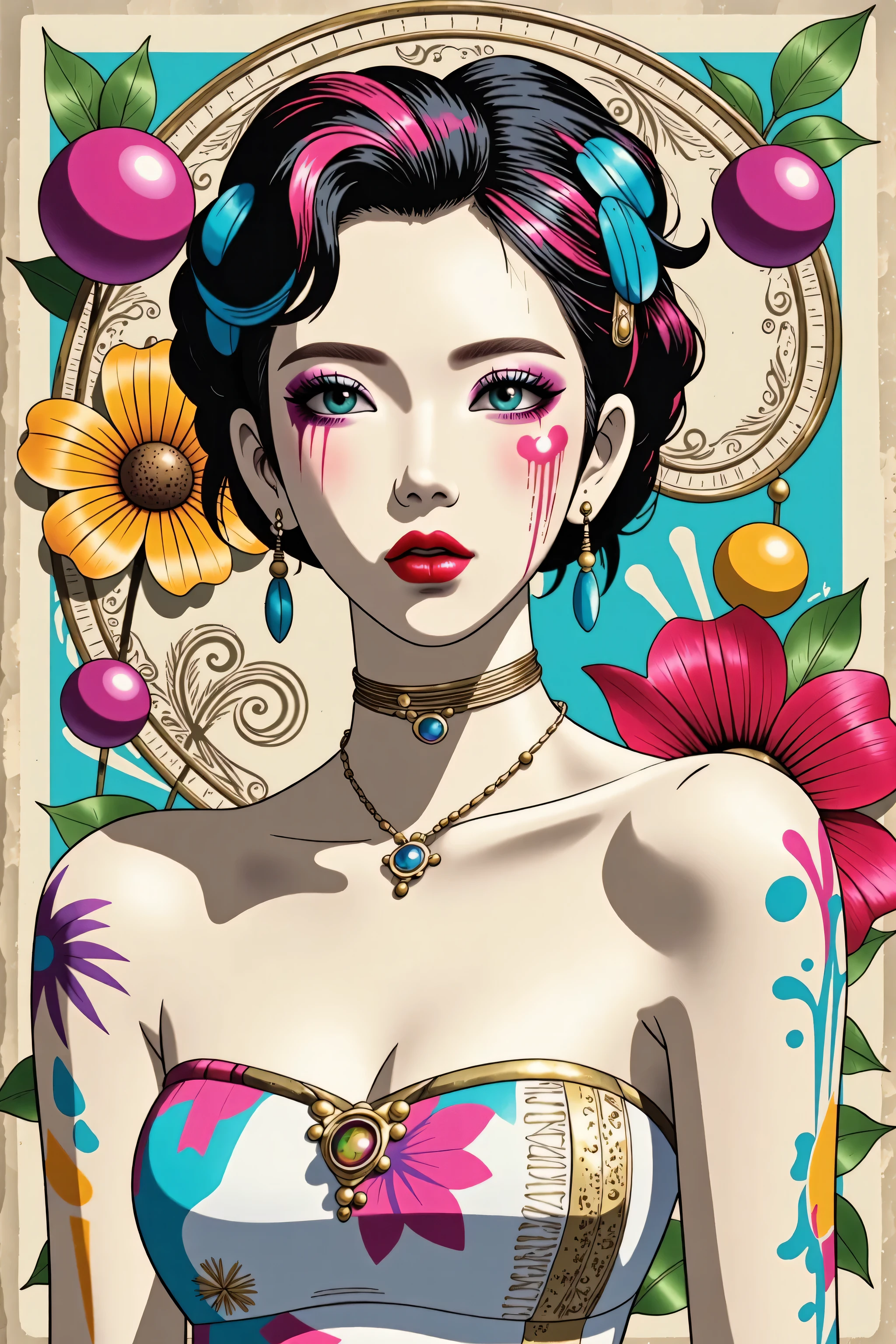 illustrated by Guo Chao style, poster design, in the style of psychedelic color schemes, hyper-detailed illustrations, 16k, a painting of a pagoda in the evening, in the style of graphic design-inspired illustrations, circular shapes detailed botanical illustrations, light cyan and orange can't believe how beautiful this is, mythological influences, chinapunk high quality, Super detailed, Super exquisite, 8k, 1girl, sunglasses, solo, hat, lipstick, red lips, long pink hair, aqua eyes, dress, plunging neckline, makeup, big breasts, cleavage, looking at viewer, arms behind back, ulzzang, portrait, sexy, submissive, ((seductive)), ((heavy blushing)), shy, tease, Sharp focus, ((shiny skin)), ((naughty girl)), Create a digital art work in pop art style, featureing a vibrant and confident asian woman with bold makeup and colorful dress, cinematic color scheme, surrounded by vintage flowers patterns, energtic brushstrokes,the mood should be dynamic, upper body, drawing, illustration, grayscale, tropical, vintage fruits, vintage plants, many flowers, vector