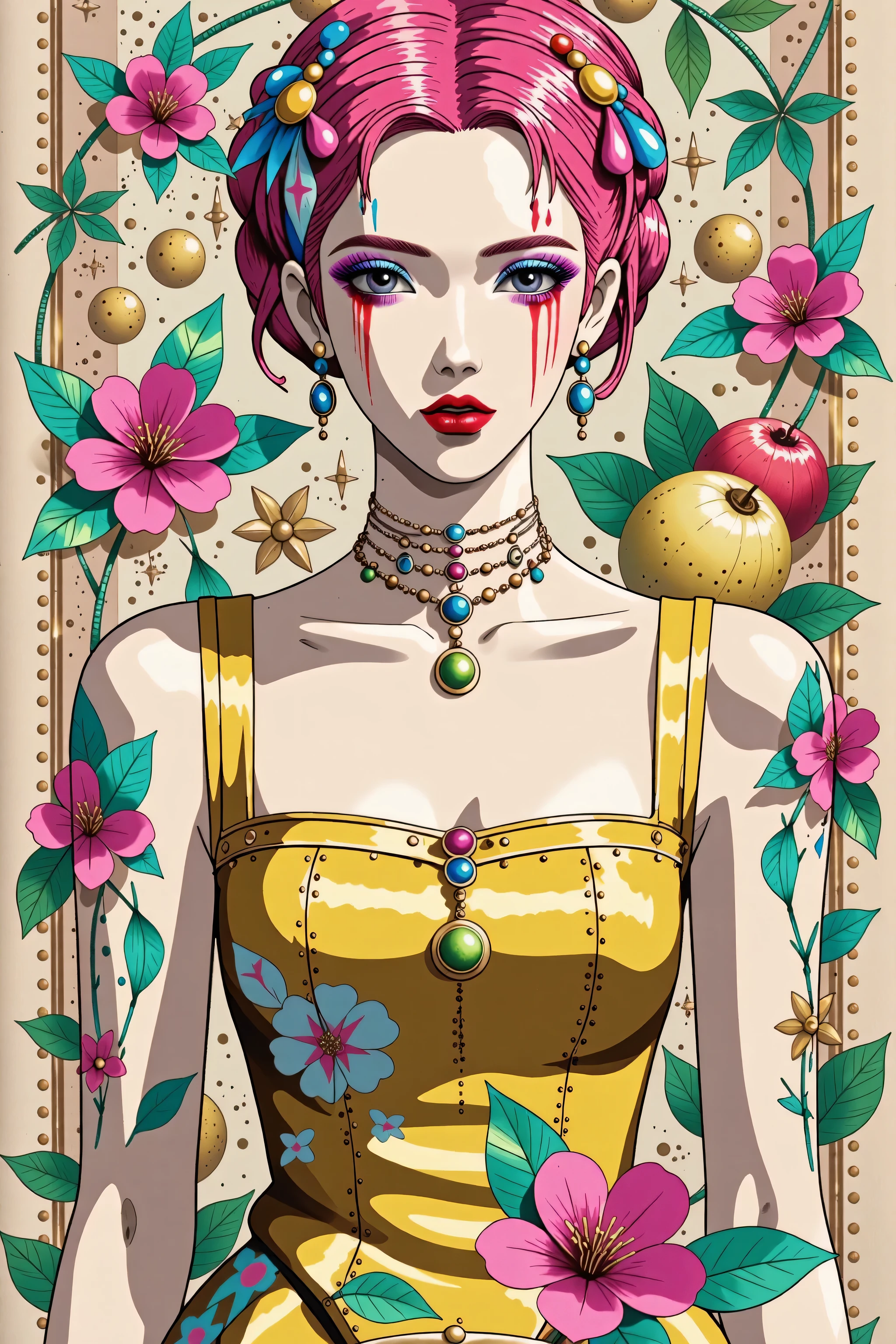 illustrated by Guo Chao style, poster design, in the style of psychedelic color schemes, hyper-detailed illustrations, 16k, a painting of a pagoda in the evening, in the style of graphic design-inspired illustrations, circular shapes detailed botanical illustrations, light cyan and orange can't believe how beautiful this is, mythological influences, chinapunk high quality, Super detailed, Super exquisite, 8k, 1girl, sunglasses, solo, hat, lipstick, red lips, long pink hair, aqua eyes, dress, plunging neckline, makeup, big breasts, cleavage, looking at viewer, arms behind back, ulzzang, portrait, sexy, submissive, ((seductive)), ((heavy blushing)), shy, tease, Sharp focus, ((shiny skin)), ((naughty girl)), Create a digital art work in pop art style, featureing a vibrant and confident asian woman with bold makeup and colorful dress, cinematic color scheme, surrounded by vintage flowers patterns, energtic brushstrokes,the mood should be dynamic, upper body, drawing, illustration, grayscale, tropical, vintage fruits, vintage plants, many flowers, vector