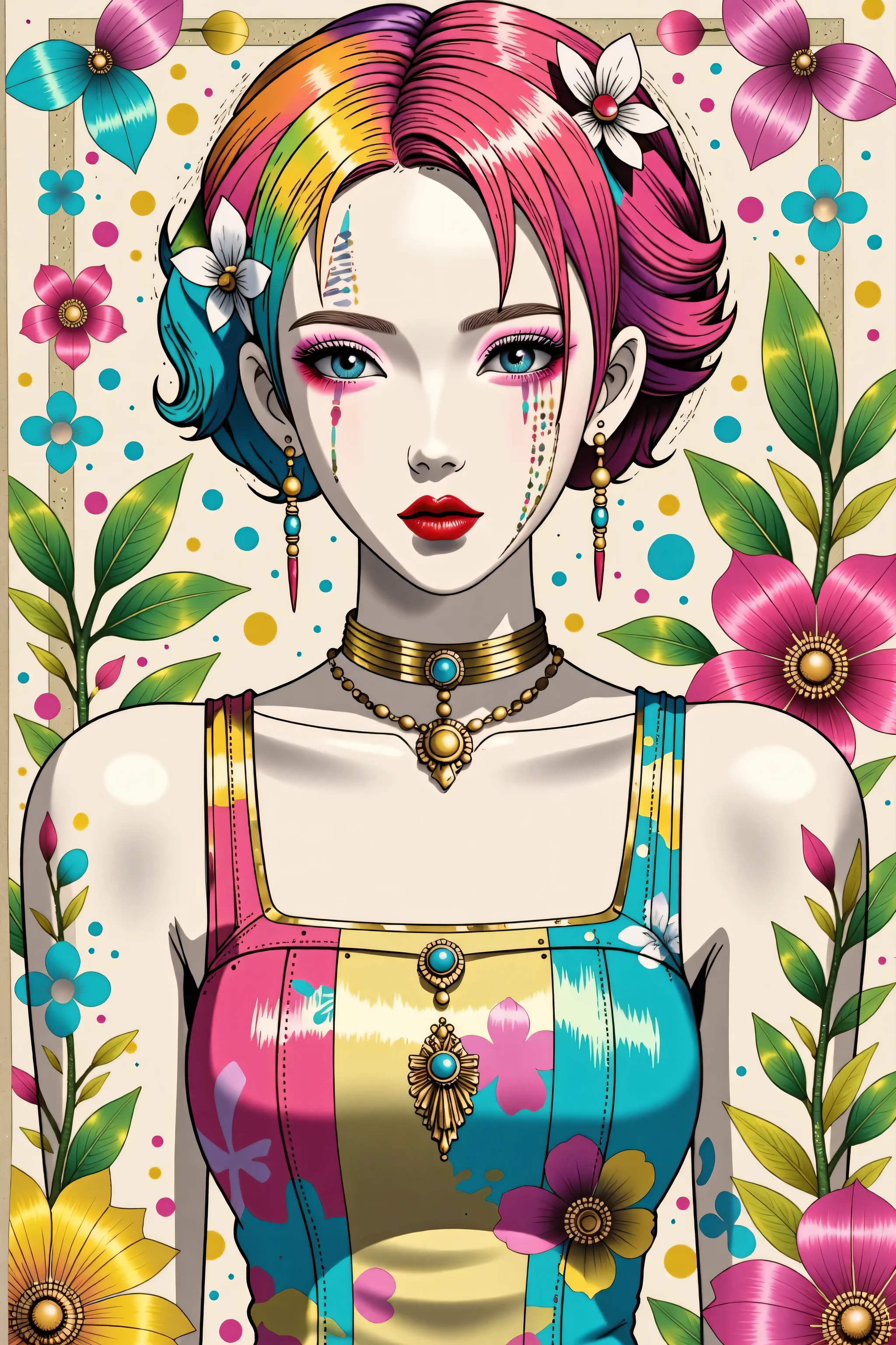 illustrated by Guo Chao style, poster design, in the style of psychedelic color schemes, hyper-detailed illustrations, 16k, a painting of a pagoda in the evening, in the style of graphic design-inspired illustrations, circular shapes detailed botanical illustrations, light cyan and orange can't believe how beautiful this is, mythological influences, chinapunk high quality, Super detailed, Super exquisite, 8k, 1girl, sunglasses, solo, hat, lipstick, red lips, long pink hair, aqua eyes, dress, plunging neckline, makeup, big breasts, cleavage, looking at viewer, arms behind back, ulzzang, portrait, sexy, submissive, ((seductive)), ((heavy blushing)), shy, tease, Sharp focus, ((shiny skin)), ((naughty girl)), Create a digital art work in pop art style, featureing a vibrant and confident asian woman with bold makeup and colorful dress, cinematic color scheme, surrounded by vintage flowers patterns, energtic brushstrokes,the mood should be dynamic, upper body, drawing, illustration, grayscale, tropical, vintage fruits, vintage plants, many flowers, vector