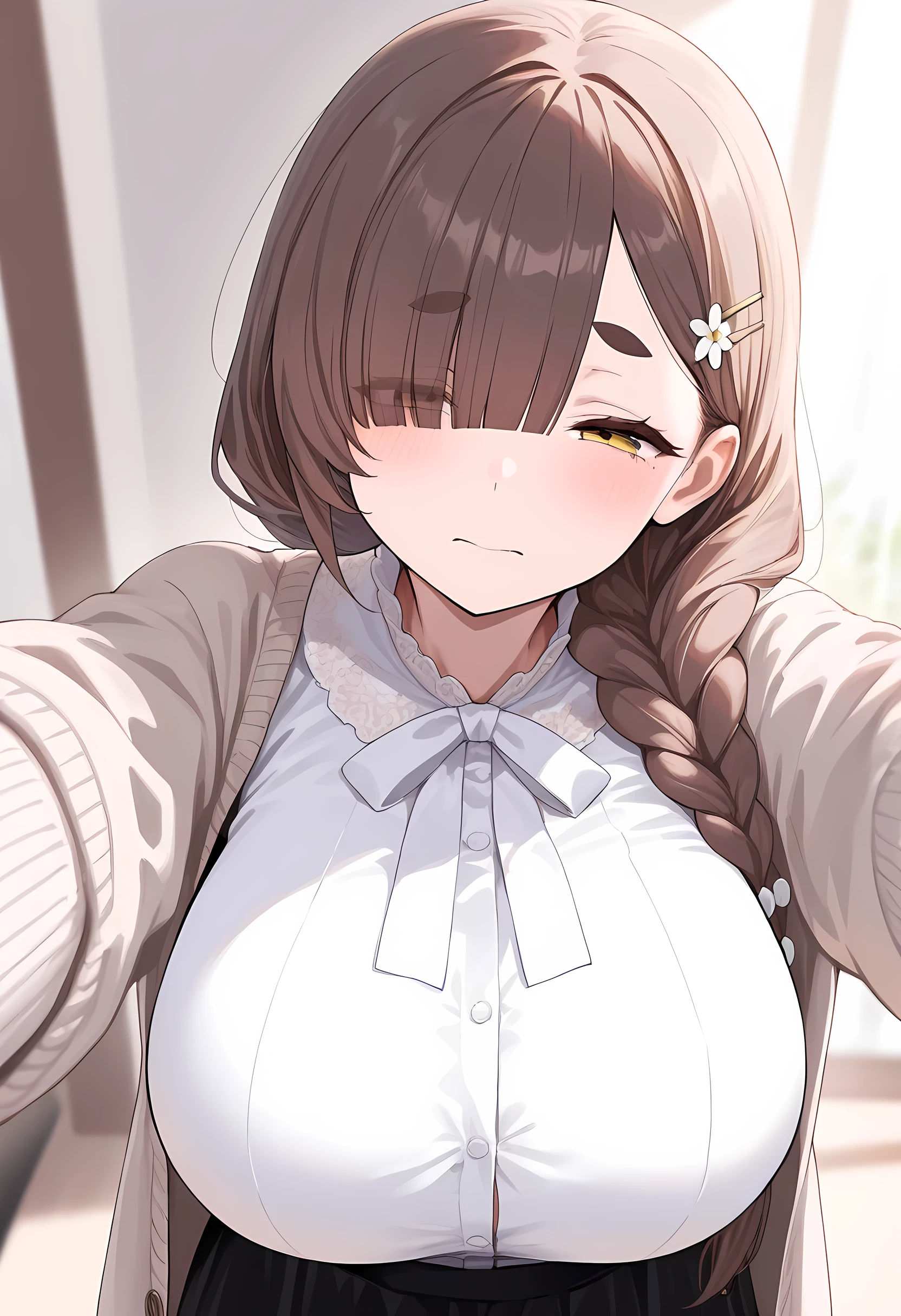 (ultra detailed:1.2),1 girl,portrait,front,reaching towards viewer,open cardigan ,blouse, tented shirt, long skirt ,( yellow eyes,drooping eyesmellow eyebrows,With an upturned gaze), ( huge breasts ), (single braid,brown hair,blunt bangs,hair over one eye), hairpin,(squinting:1.3),(super detail, high details, highres, 8k, best quality, masterpiece, extremely detailed CG, clear, ultra high resolution, accurate, perfect anatomy,super detailed skin, beautiful detailed face, beautiful detailed eyes, beautiful detailed hands)