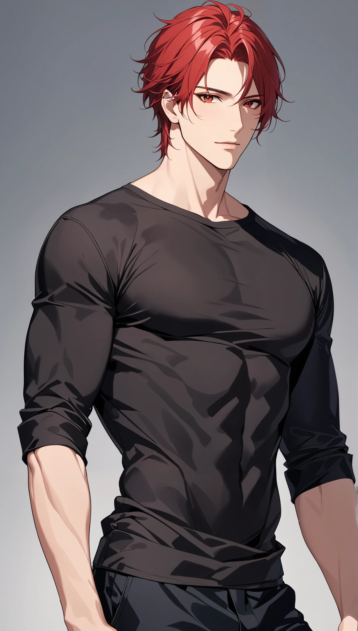 top quality Masterpiece high definition Masterpiece , red hair man, red Eyes man plain backround, no backround, white backround, male, mascular body , handsome, ikemen, thight black shirt