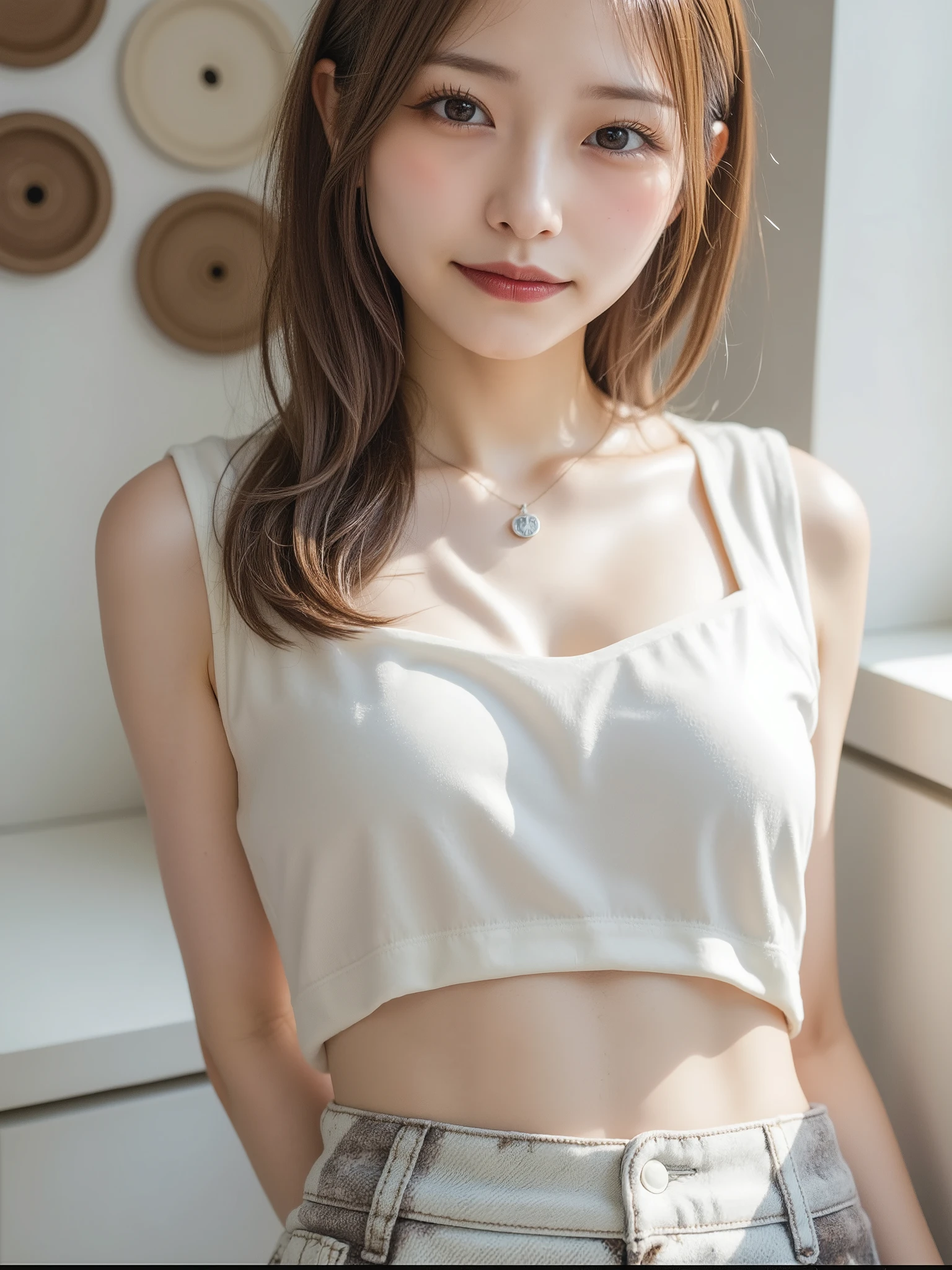 (Ultra Real), (Illustration), (High Resolution), (8K), (Very Detailed), (Best Illustration), (Beautiful Detailed Eyes), (Best Quality), (Ultra Detailed), (Masterpiece), (Wallpaper), (Detailed Face), Bed, Upper Body Up, Armpits, Smiles, Plump,Solo,Simple White Tank Top Girl, Sweaty, Japan Person, (Camel Toe)