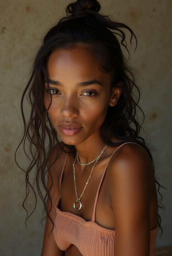 "Creates an image of a dark-skinned woman with long, wavy blonde hair with dark roots. She has natural makeup highlighting her luminous skin, well-defined eyebrows, nude, glossy lips. She is wearing an outfit The scene is lit with soft natural light, creating subtle shadows on her face and highlighting the golden highlights in her hair. The background is minimalist with a light wall.