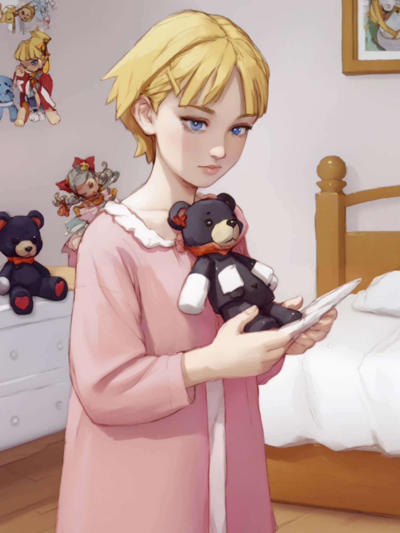 a very young , Long dress in pink pajamas 、 Full image of a girl holding a teddy bear , blue eyes、 Light pink room in the background 、 short hair, mystery,bow hair, whole body,bed in the background 、 Blue eyes and short hair ,quarto feminino beautiful, beautiful, fofo, hair fringe ,penteado babydoll, blonde looking at the camera 、 A cutie in a long red dress and holding a teddy bear is surrounded by a black teddy wolf in the background.、 Full image of the 、smaller breasts、 Closed windows
Make the entire image fit the frame 。