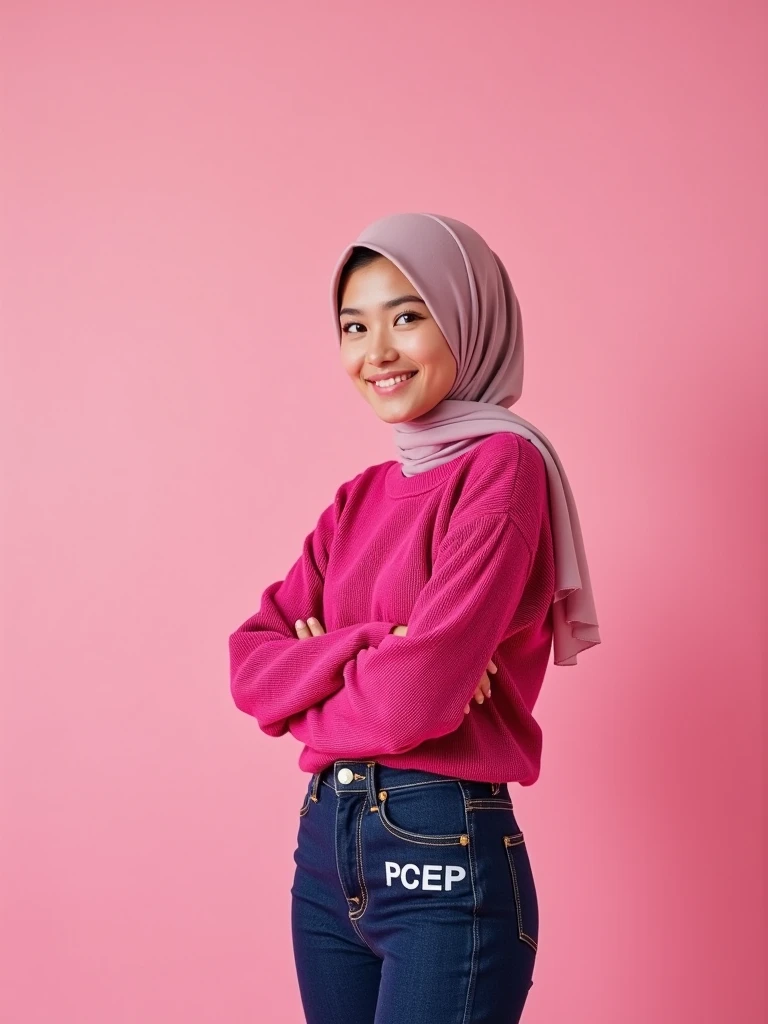 girl wearing glasses and hijab and lipstick smiling wearing leggings with both arms up in the air