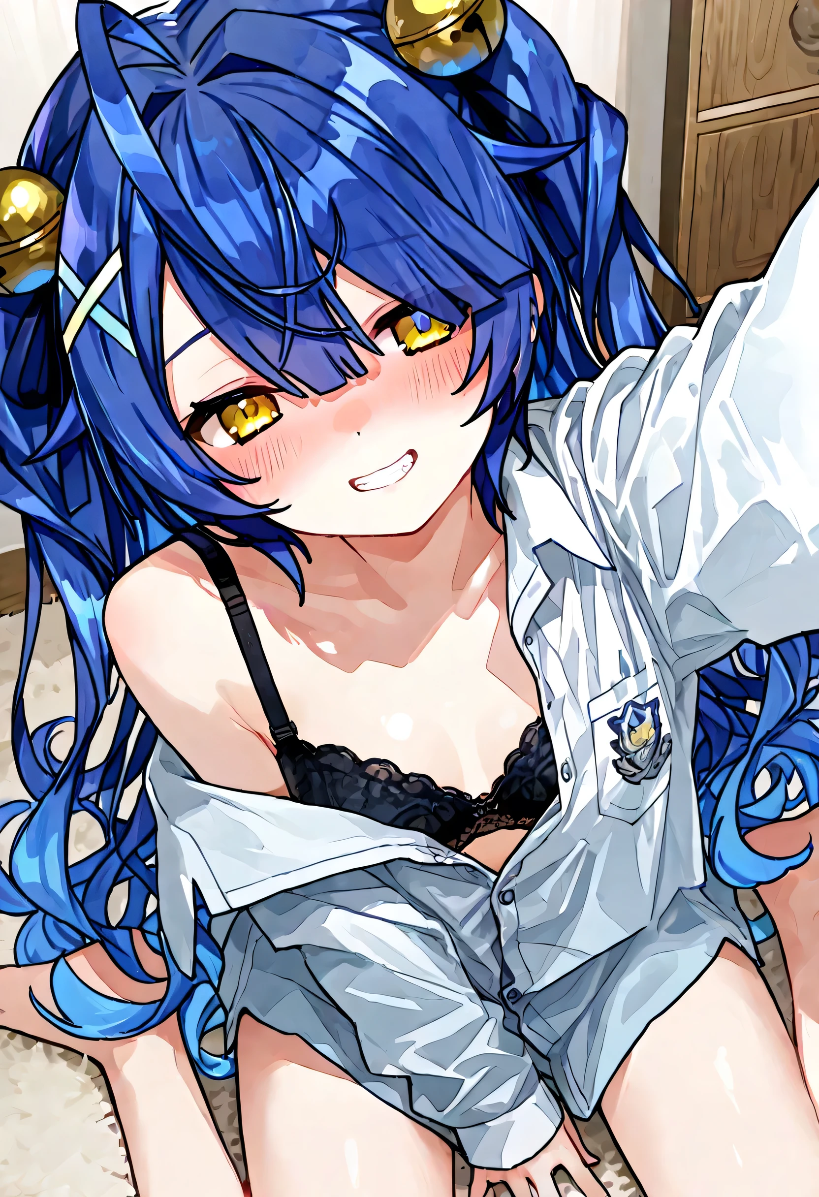 Amamiya kokoro, Nijisanji, wariza, oversized off-shoulder dress shirt, black bra, selfie, shy, grin, 首を傾ける, from above