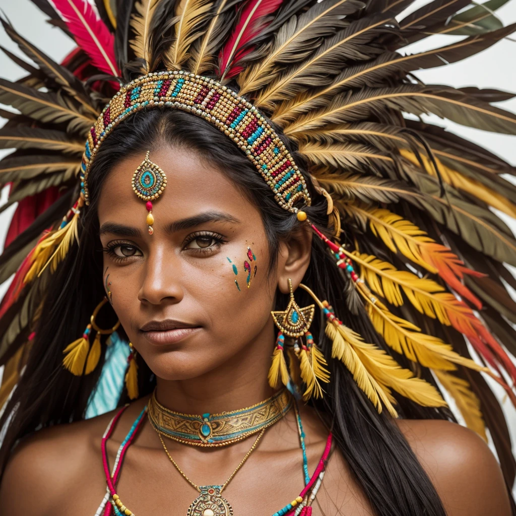 Woman in a feather headdress with feathers on her head,(((rosto pintado))), Retrato da princesa asteca, usando coroa de penas brilhantes, com penas, beautiful young female shaman,rosto pintado,Strobe, she is dressed in shaman clothes,sombra, cocar emplumado,(Auroracore : 1,5),auto contrast, tatuagem do esterno, cocar ornamentado, a young female shaman, Angelina Jolie UHD, cocar, : native american shamen fantasy, cocar centralizado,rosto pintado,Strobe,Auroracore, Bobina de Tesla.