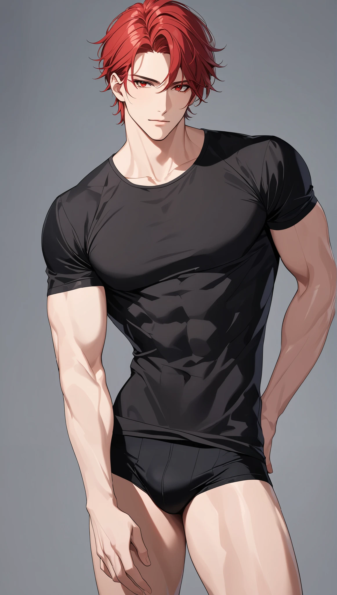 top quality Masterpiece high definition Masterpiece , red hair man, red Eyes man plain backround, no backround, white backround, male, mascular body , handsome, ikemen, thight black shirt