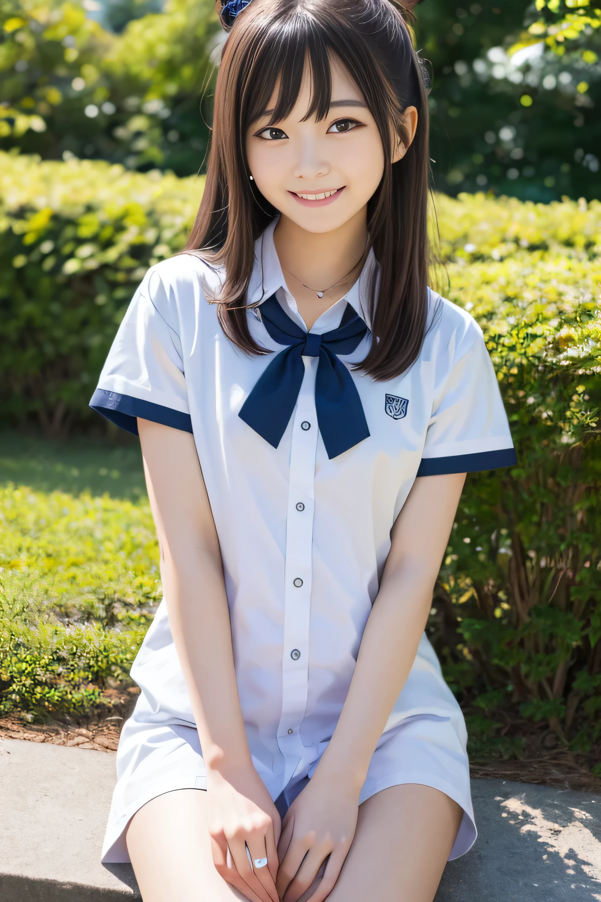 High quality masterpiece, 8k, , Japanese Girls, RAW Photos, absurd, Winner portrait smile face, 笑face, Alone, uniform, Summer Clothes Idol'face, violet, Gardenia, Delicate girl, Long black hair, Dark Eyes, Upper body digital SLR, Observe the Audience, Frank, Sophisticated, Like々Shii, Thin arms, professional lighting , film grain , chromatic ablation, (Details of the eye and face: 1.0), (Bokeh button:1.1)