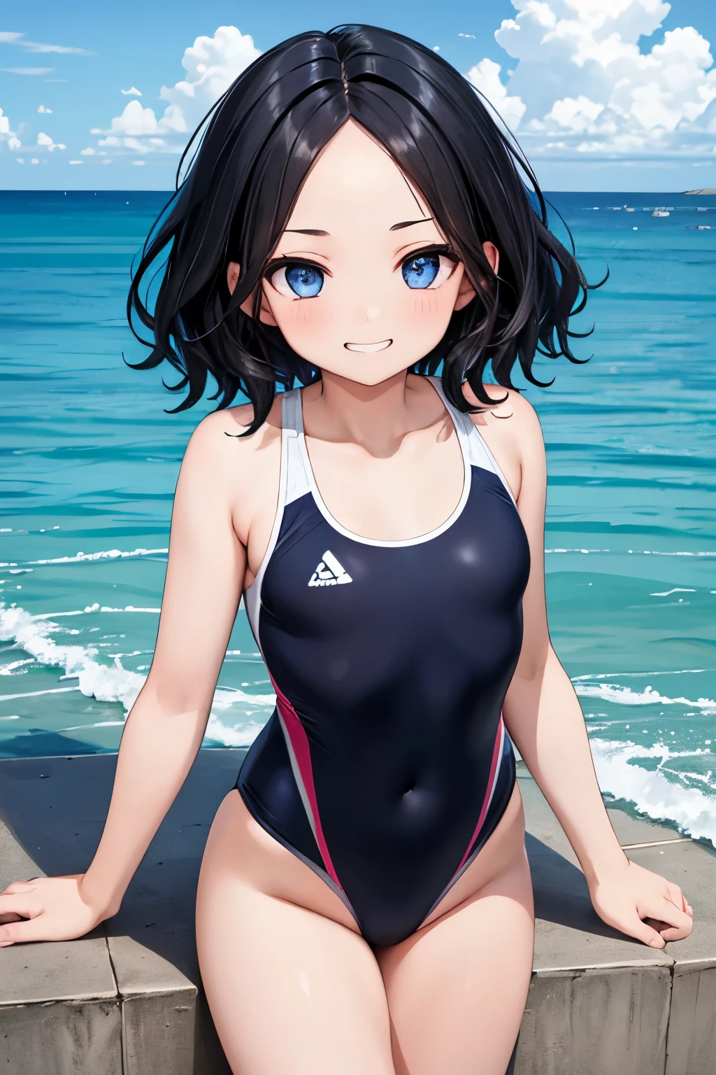 Plump girl、smile、nice stance、One piece school swimsuit、Wet body、Wet wavy hair、Beach、High definition、high resolution、Photorealistic、4K resolution、Wet and shiny、T-Shirts、School swimsuit、濡れたSchool swimsuit、latex、Low exposure、Glasses