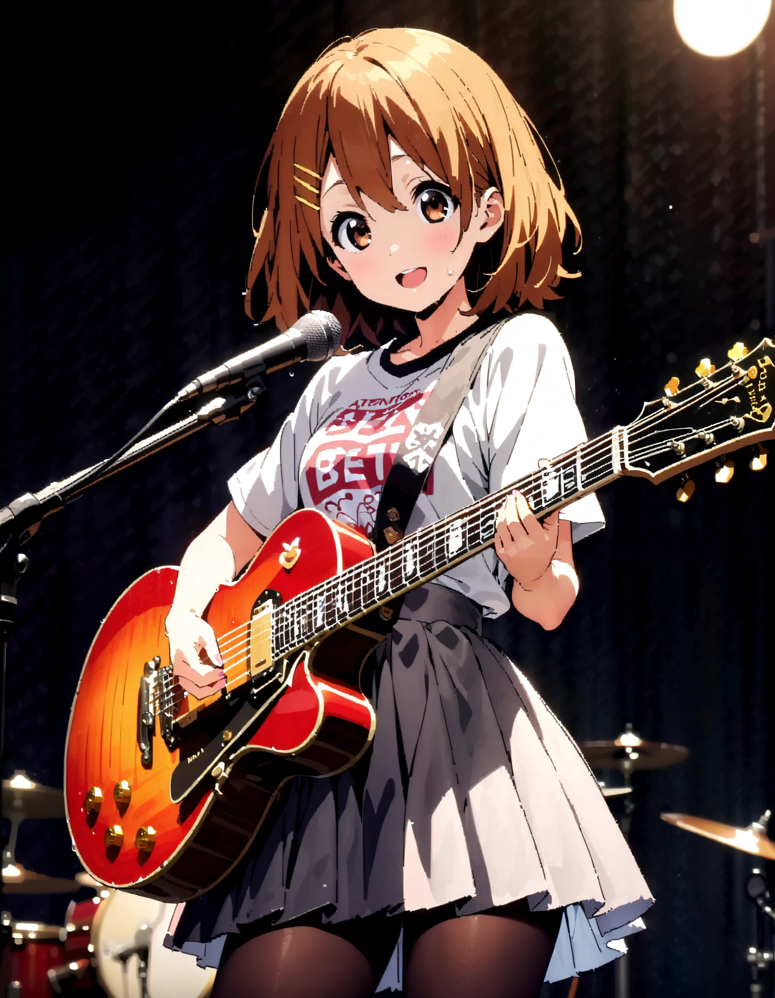 Yui Hirasawa, Yui Hirasawa, brown eyes, Hair, Alone, hair ornament, hair clip, medium hair ,smile, open their mouths, black pantyhose,Playing with a black oversized , t-shirt mini pleated skirt , guitar(Gibson) , Instrument playing, Stage Performance ,Singing in front of the microphone, playing in front of the microphone,sweat,whole bodyがイラストに入るように,
break looking at viewer,whole body,
break indoors, live house,
break (masterpiece:1.2), top quality, high resolution, unity 8k 壁紙 , (shape:0.8), ( attention to beautiful details :1.6), Highly Detailed Face , perfect lighting, highly detailed CG, ( perfect hand, perfect anatomy),