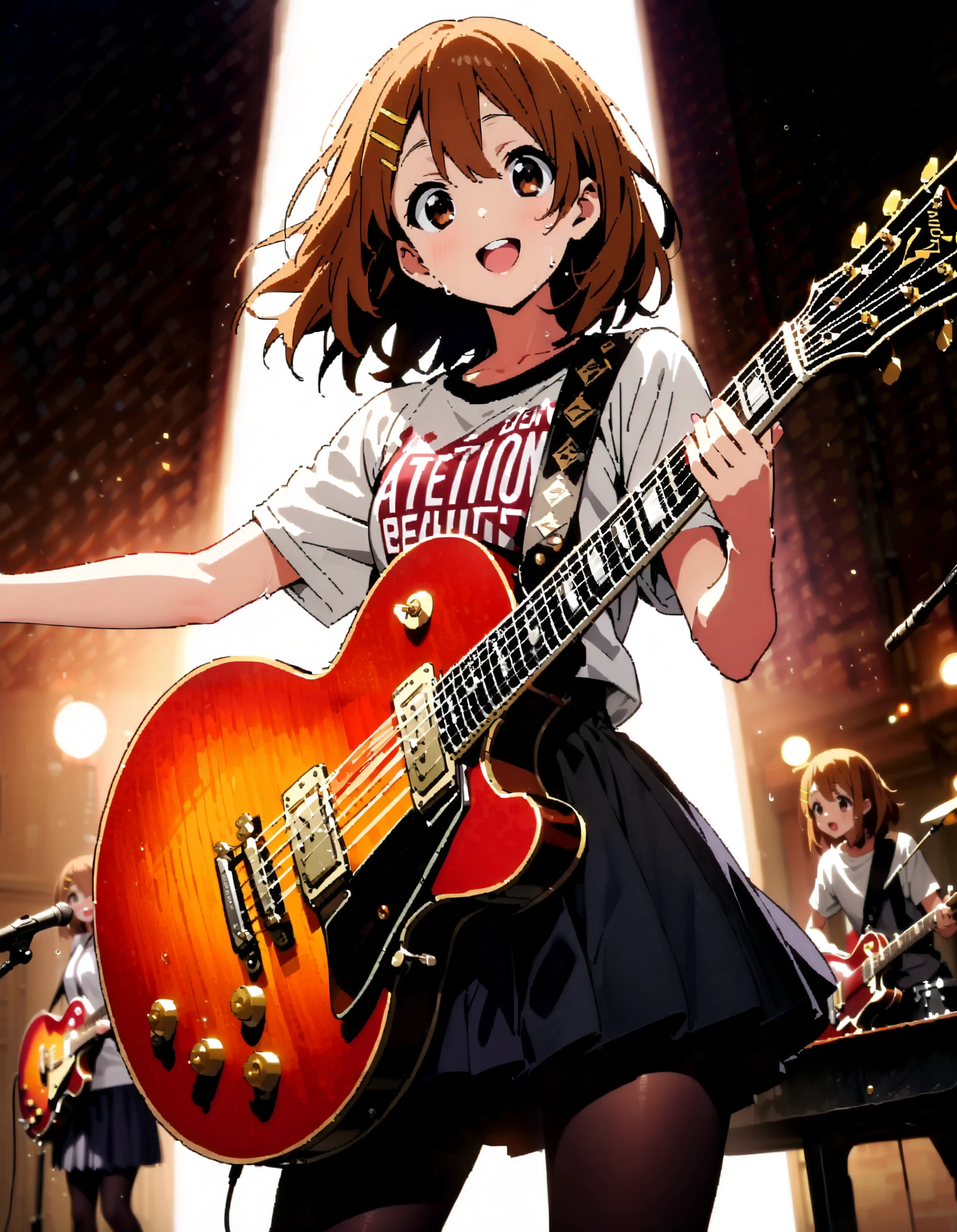 Yui Hirasawa, Yui Hirasawa, brown eyes, Hair, Alone, hair ornament, hair clip, medium hair ,smile, open their mouths, black pantyhose,Playing with a black oversized , t-shirt mini pleated skirt , guitar(Gibson) , Instrument playing, Stage Performance ,Singing in front of the microphone, playing in front of the microphone,sweat,whole bodyがイラストに入るように,
break looking at viewer,whole body,
break indoors, live house,
break (masterpiece:1.2), top quality, high resolution, unity 8k 壁紙 , (shape:0.8), ( attention to beautiful details :1.6), Highly Detailed Face , perfect lighting, highly detailed CG, ( perfect hand, perfect anatomy),