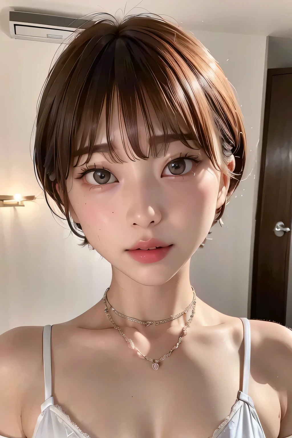 High-quality, ultra-realistic portraits。She has a small, delicate face、I have a slightly rounded face shape。Her expressive almond-shaped eyes have a gentle and warm gaze.、I have strong eyebrows。Her skin is pure and translucent white.、It has a natural shine。(Her hair is brown and pixie cut.:1.3)、Makeup is natural、A light foundation and subtle blush、Uses a soft pink lip color。The lighting is soft and natural.、Accentuating facial features、Does not emphasize shadows。The background is a cafe terrace in the city.、Bright sunshine