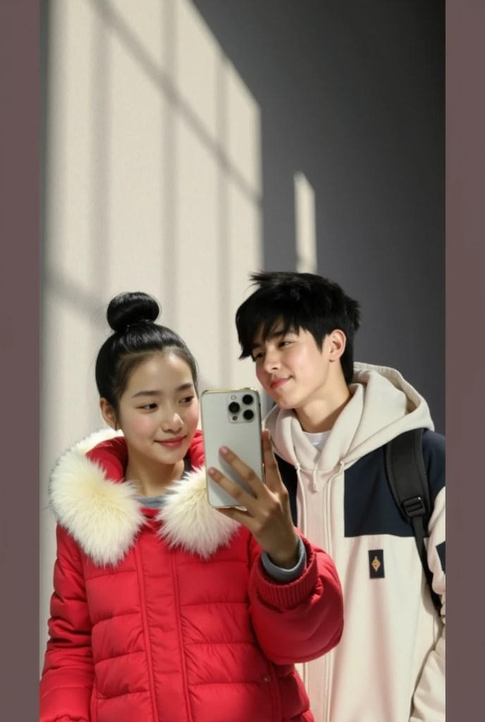 The girl who is taking a selfie against a white wall in the Disney Pixar poster has brown hair, her bangs are parted in a 7:3 split, and she is wearing a pink hoodie.。The boy next to me had his face close to the girl's cheek and had black hair that reached above his ears and was parted 7:3.、I'm wearing a black hoodie with white letters.。