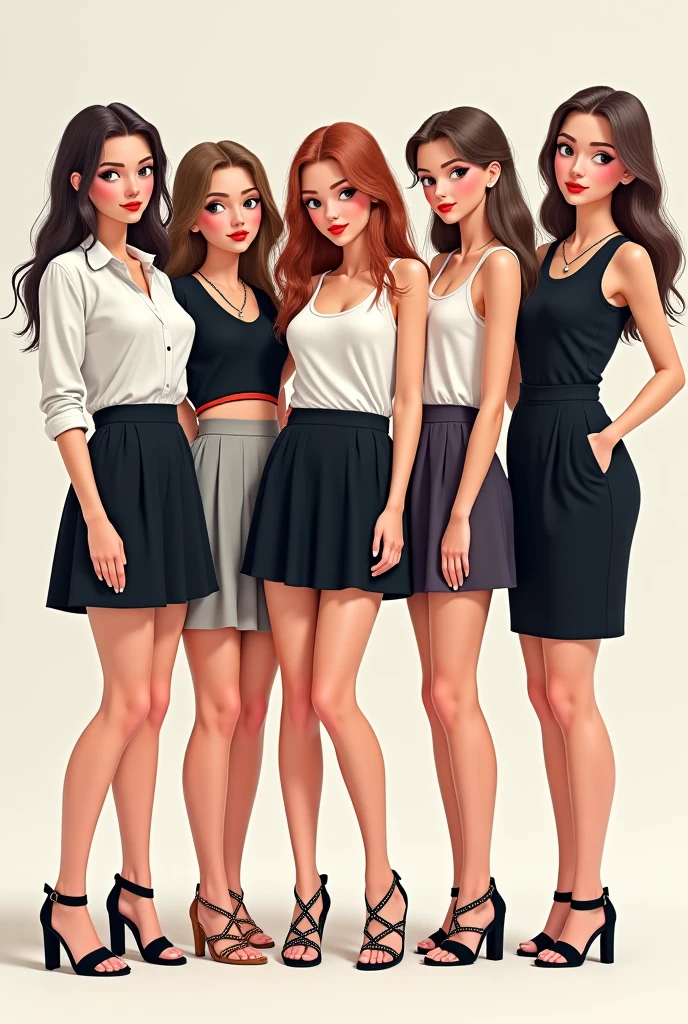 Brunette hair, suspenders, high nose, girl group image