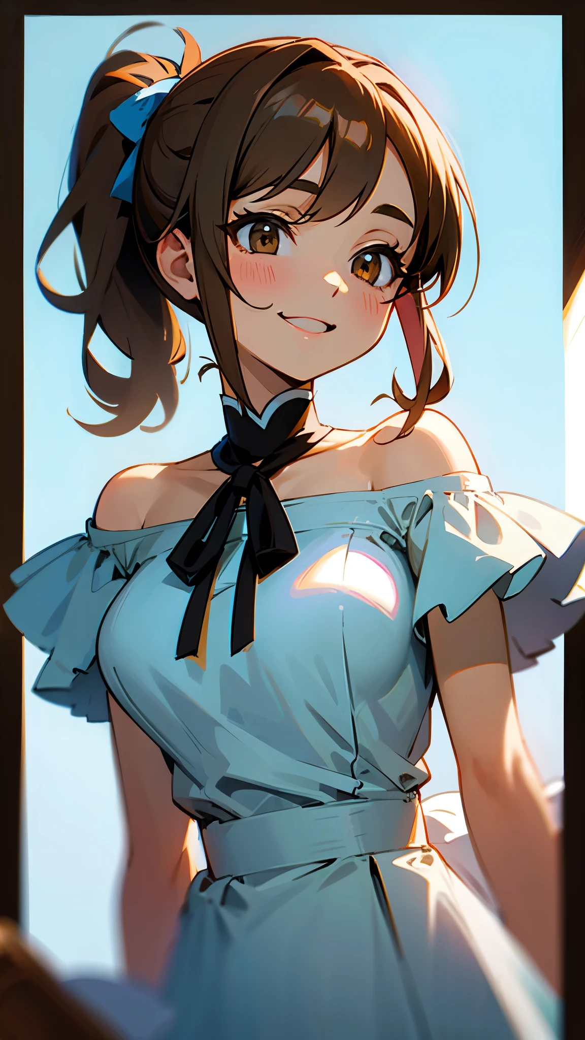 1 girls with light makeup、 brown hair、 side ponytail、 brown eyes、Big Breasts、stupid hair、 plain white off-the-shoulder dress、Short sleeve、 frill、 grin 、 upper body closeup、 Blur Background 、border depth