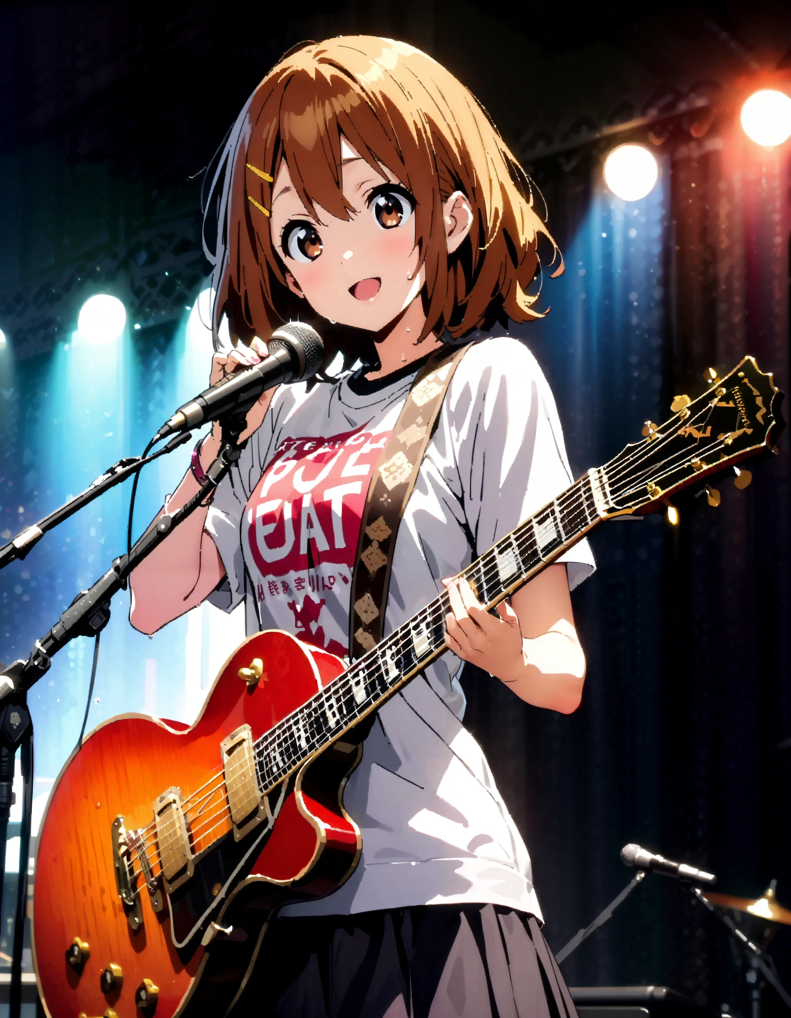 Yui Hirasawa, Yui Hirasawa, brown eyes, Hair, Alone, hair ornament, hair clip, medium hair ,smile, open their mouths, black pantyhose,Playing with a black oversized , t-shirt mini pleated skirt , guitar(Gibson) , Instrument playing, Stage Performance ,Singing in front of the microphone, playing in front of the microphone,sweat,whole bodyがイラストに入るように,
break looking at viewer,whole body,
break indoors, live house,
break (masterpiece:1.2), top quality, high resolution, unity 8k 壁紙 , (shape:0.8), ( attention to beautiful details :1.6), Highly Detailed Face , perfect lighting, highly detailed CG, ( perfect hand, perfect anatomy),