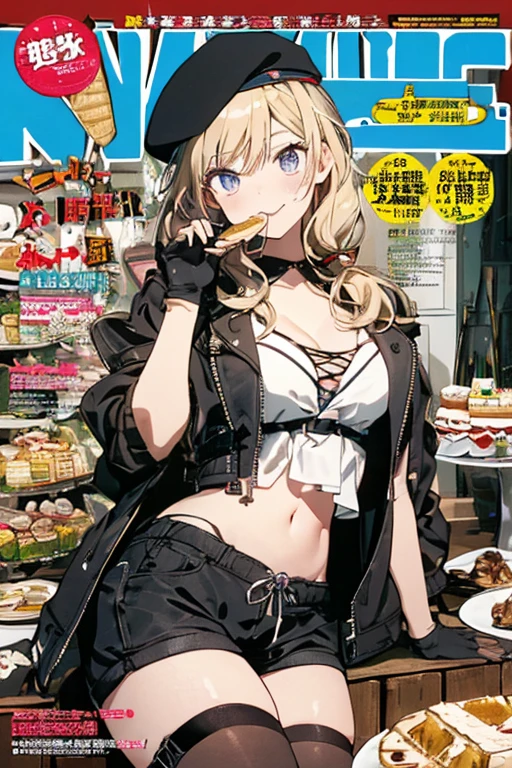 (masterpiece:1.2), (Military uniform magazine cover:1.4),best quality,PIXIV,Sweet girl , sexy posture,1girl, (perky chest:1.2), rolling upskirt by wind:1.6, (with sparkling eyes and a contagious smile),open mouth, (pointed chest:1.2),fishnets, black hair, boots, long hair, black nails, skirt, shirt, black footwear, bag, black skirt, jewelry, jacket, thigh strap, bangs, necktie, earrings, nail polish, multicolored hair, looking at viewer, full body, bottle, own hands together, belt, jacket on shoulders, food, cats on head, ring, choker, english text, collared shirt, blue eyes, hat, lace-up boots ,masterpiece、highest quality、Very detailed、An illustration、Beautiful fine details、One Girl、cute、Detailed landscape、Training Room Background:1.4、Platinum Blonde Hair、Braided Ponytail、Red camisole、((c cup breasts, Tank top showing underboob:1.4))