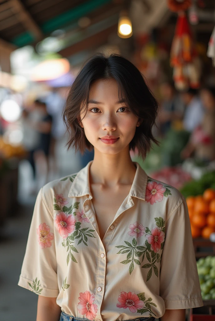 Asian woman, closeup, (shirt), pants, (farmer's market), (), KM_sakura , wide shoulders, perfect face, (contact iris: 1.1), pale skin, skin pores , depth of field