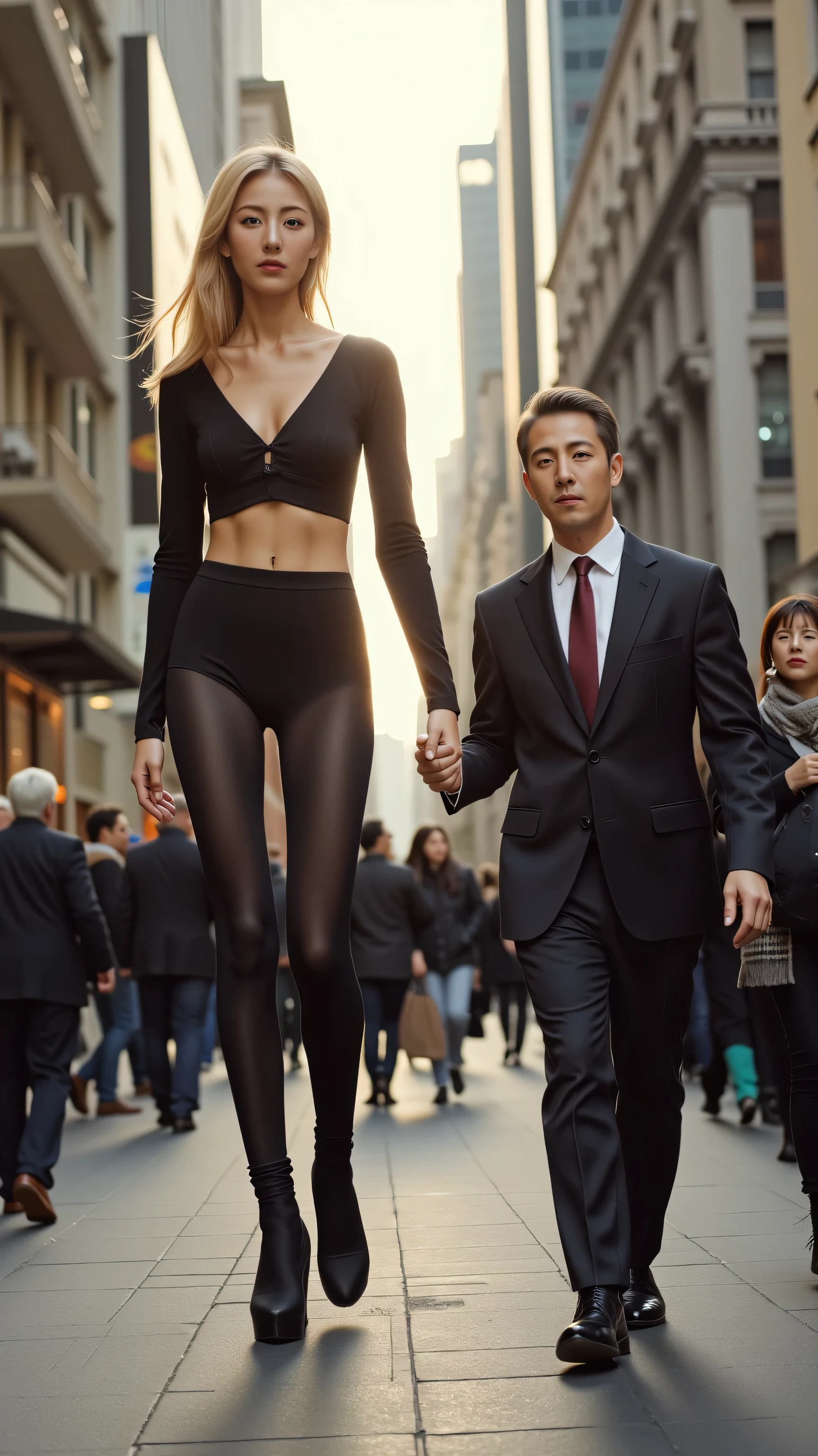 The two walked hand in hand side by side. Face to Camera (Male and Female): Surreal and humorous depiction of a tall woman walking down a busy city street, her proportions are exaggerated and her legs are very long, the woman is a giant with a slim and sexy figure, wearing tight clothes, the man is short, Wearing suit, surrounded by surprised and curious pedestrians, soft lighting, city background, movie atmosphere