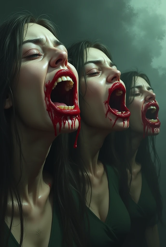 ultra-realistic, highly detailed, full height view, a stunningly attractive, vampire woman with bloodied fangs showing, pale complexion, horrifying, frightening feeding off a male victim