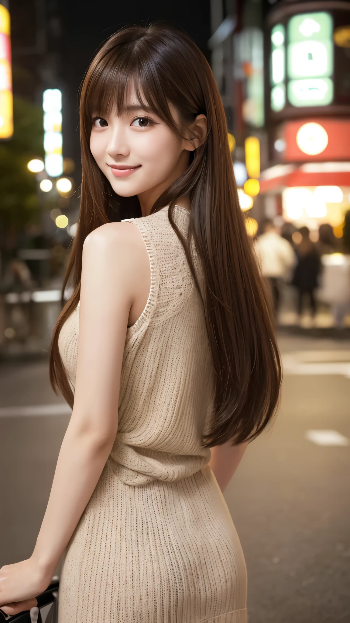 Best Pixels、Highest quality、Highest quality、One Woman、Young Japanese Woman、20th generation、Long Hair、Brown Hair、Tight dress、Sexy pose、Beautiful round eyes、smile、beauty、Large Breasts、Brushing your hair、Beautiful legs、Beautiful ass