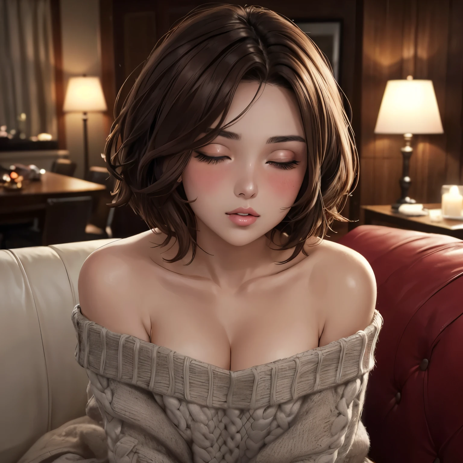 best quality, ultra detailed, extremely detailed, realistic, (masterpiece:1.1), (realistic:1.5), photorealistic, octane render, (4k, 8k), (hyperrealistic:1.2), (photorealistic face:1.2), (Best Quality), extremely detailed, intricate, hyper detailed, (eyes detailed, finger detailed:1.2), looking at viewer, (short hair, hair down, bangs, hair between eyes, brown hair), (night, in house, bear hat, bathrobe:1.3), (1girl, solo, alone, large breasts, midium thighs, 2legs, sit, black eyes:1.4)