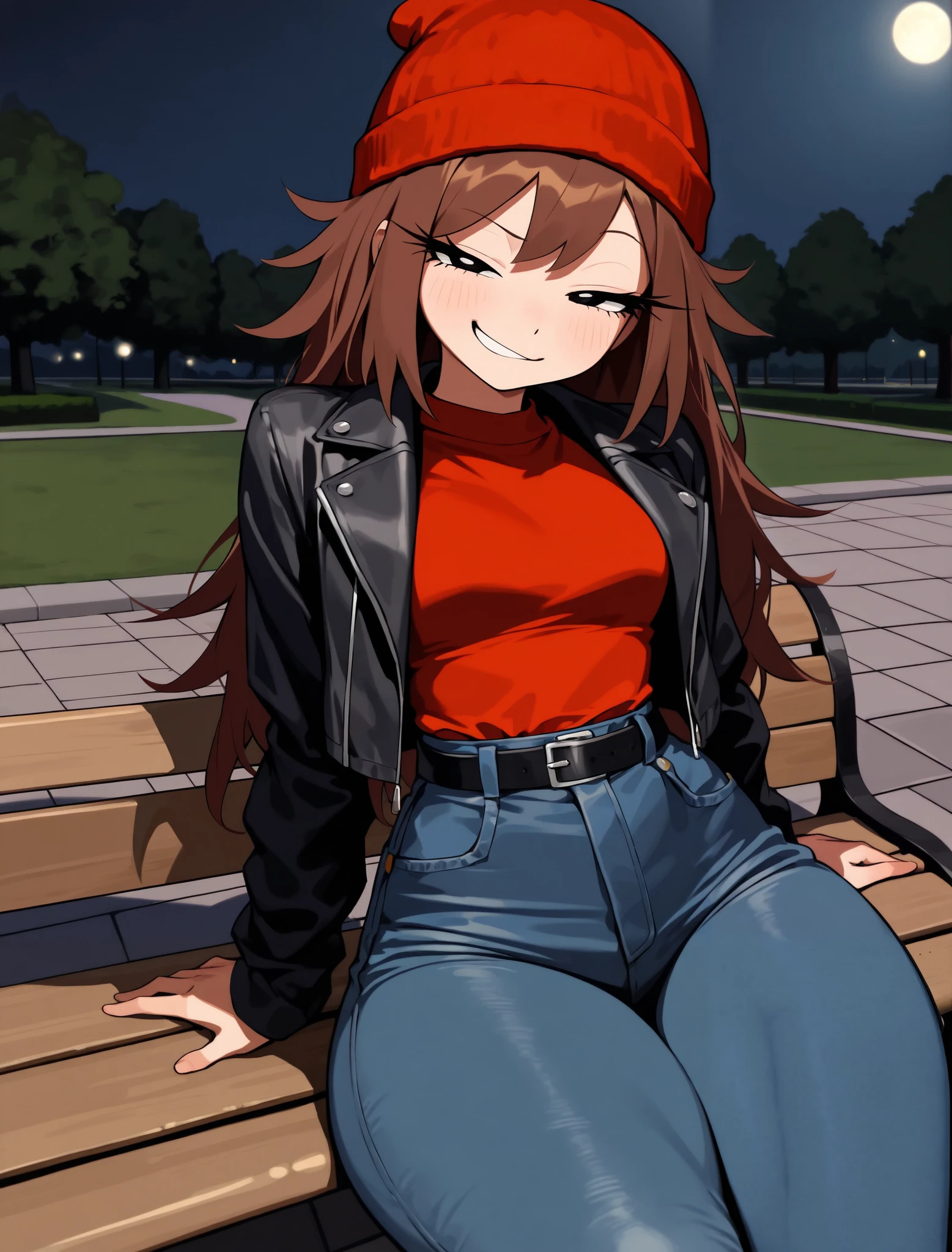 ((hypnoGF)), ((Friday Night Funkin)), ((masterpiece)), ((high resolution)), ((solo portrait)), {(attractive figure), (slim waist), (thick thighs), (long brown hair), (half lidded), (cute dot eyes), (long eyelashes), (smug smirk)}, {(red shirt), (black jacket), (tight jeans), (black belt), (red beanie)}, {(sitting on bench), (looking at viewer)}, ((nighttime)), ((park)), ((sidewalk)), ((moonlight))