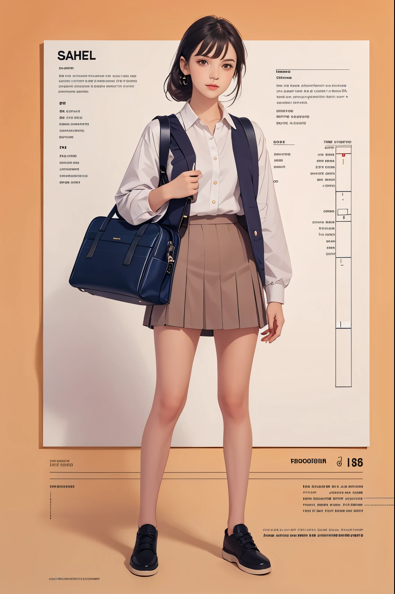 Illustration of a girl wearing for school, a short skirt for school, high technology hand bag for school, school satchel, Full body character sheet, Full body illustration, behance & dribbble hd, Full body painting, Detailed full body concept, Official character illustration, fashion model pose