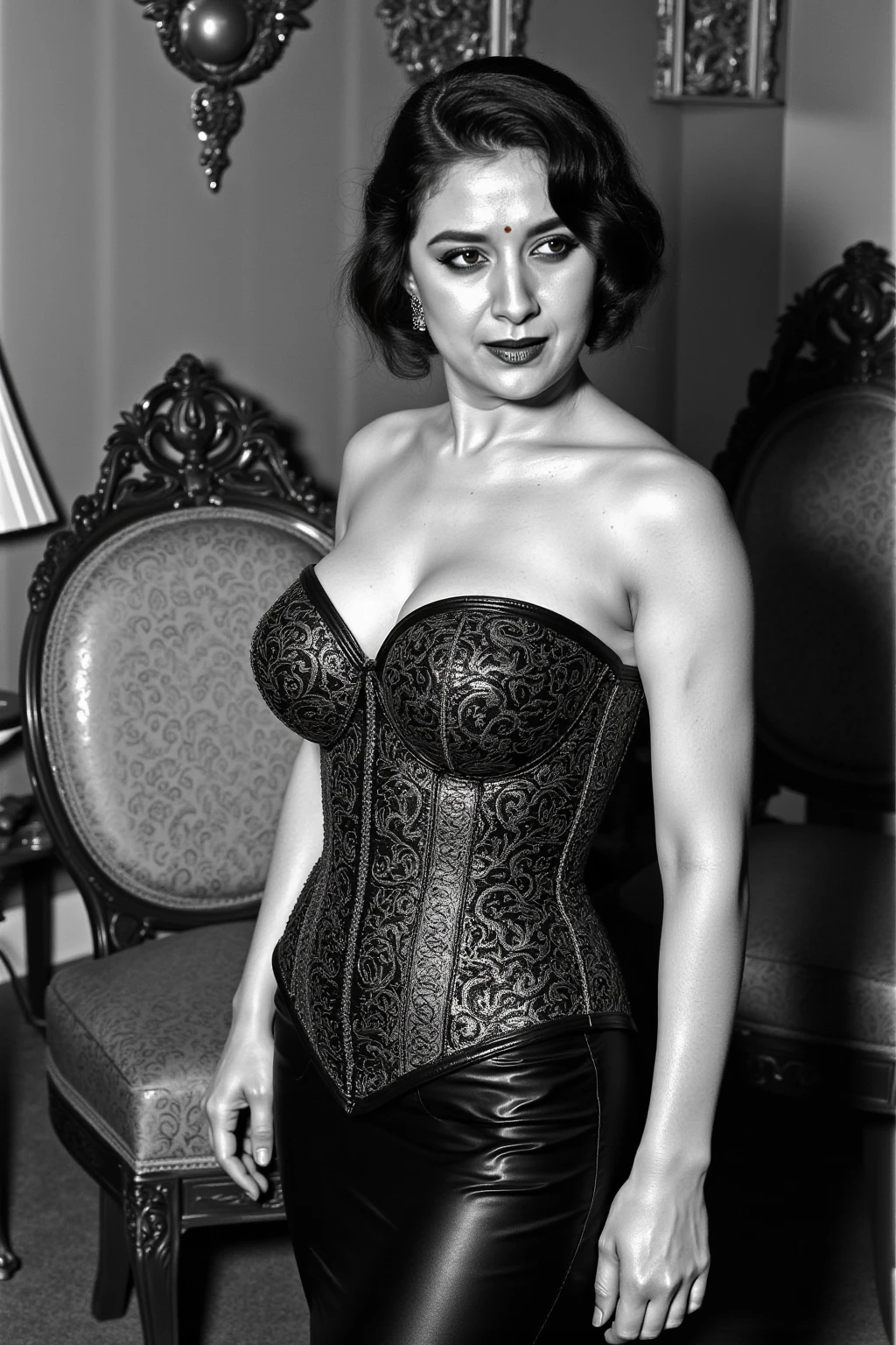 cinematic film still of Alcina Dimitrescu, muscular, wide hips, Women, partially covered in shadow, dramatic light, big old, Dimitrescu, Red lips, Alcina Dimitrescu, Mrs. Dimitrescu, 1 girl, Alone, old, has, neckline, supergirl bodysuit, standing, lace trim, viñeta, Very detailed, high budget, bokeh, cinemascope, moody, epic, gorgeous, film grain, grainy, mansion, latex
