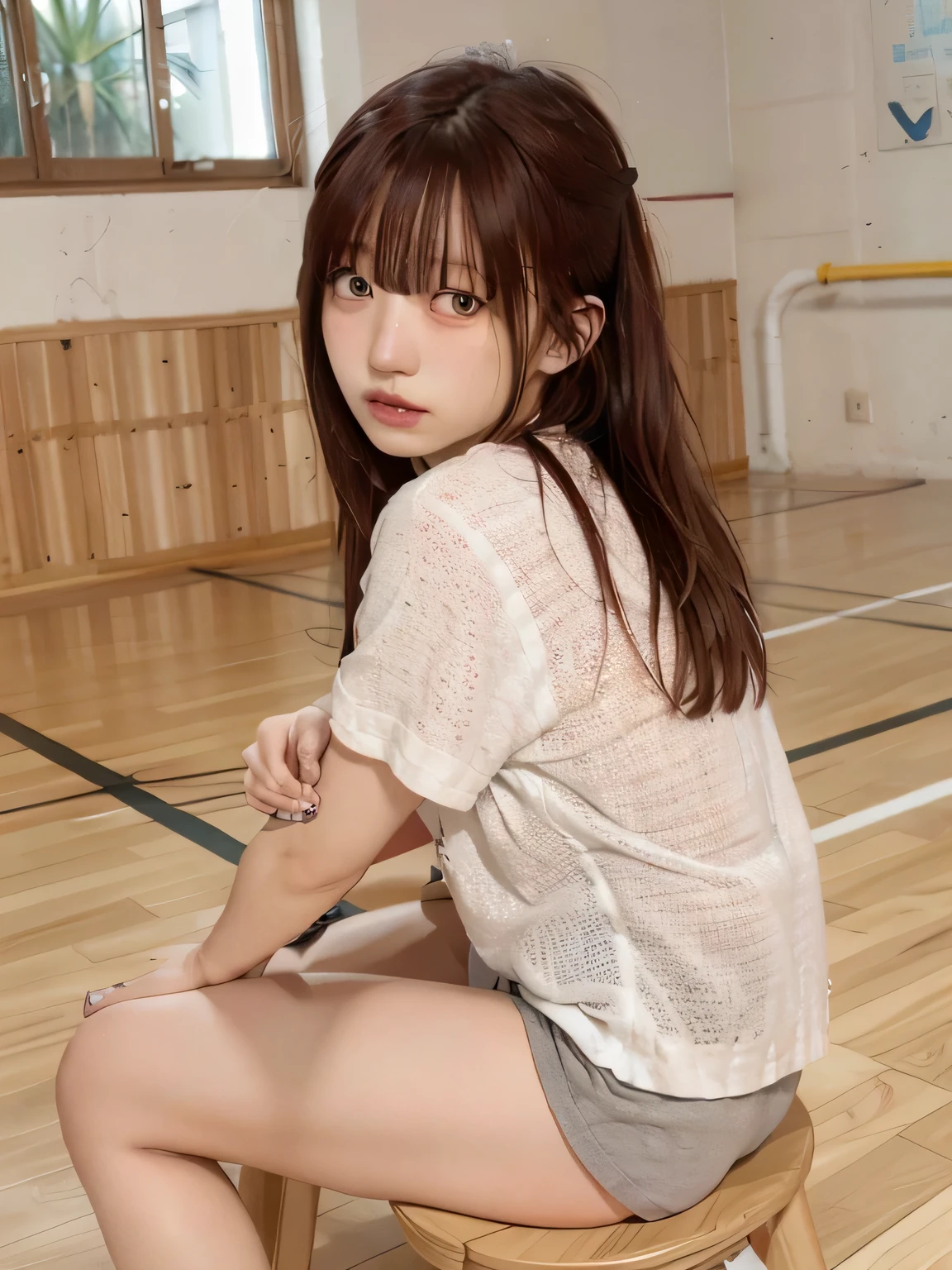 K、High resolution、masterpiece、Realistic、In detail、Fine texture、Head-to-toe portrait、High Contrast、alone、high school girl、Natural body shape、White skin、Natural Makeup、Black Hair、bangs、Straight Long Hair、((School-designated gym clothes))((The upper body is a long-hemmed white gym uniform.、Short sleeve、There is a wine red line、))、((The lower half of the body is a tight dark blue bloomer.))、Sit with your legs apart、、(((I pulled the bottom of my gym clothes out from under my bloomers.)))、Raise your knees、Bend your legs、Small breasts、、((The upper body is wearing gym clothes))、((School gym))、Looking into the camera、Full body photo、Focus on the groin、Exposing thighs、White shoes下、White shoes、Butt