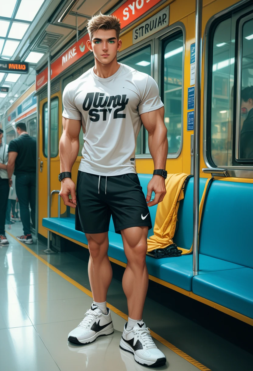 (((Best quality))),(((Ultra detailed))),(((Masterpiece))),(Cute tall Shota:2),The height of a volleyball player,Titan muscles,Bodybuilding champion,solo person,(full bodyesbian:3),(Stay away from the lens:3),Expose your legs,(revealing the whole body:2),(Frontal heads-up view:1.2),malefocus,(looking at viewert),18yr old,(Tall:3),(Tall guy:2),Super tall,(Height 300 cm:2),Excellent body proportionuscular physique,(1.The shoulders are 5 times wider:1.2),Right shoulders,Large trapezius muscles,(Slender straight legs:2.5),Slender feet,small headusculous,(The face of the animated male protagonist),Pure face,(Very detailed beautiful face and eyes:2),(Big bright eyes:2),Sharp eyeliner,Clear and beautiful face,exhilarated,(Happy smile:3),short detailed hair,(Correct facial features),(tilts your head:1.5),(Men's fashion sportswear:2),Long white socks,Nike board shoeuscle firming:2),Strong,(Wide shoulders and narrow waist:3),Sports men's socks,Detailed muscle texture,Highlights muscle structure,On the bus,(sitted:4),(full length shoot),ultra-realistic realism, (Photorealistic detail), Incredible accuracy, lifelike textures, masterful technique, Jaw-dropping precision, artistic dedicatiotomy correct),Good lighting,exquisite detailing,Best quality,stunning masterpiece,CG,(Colored screen)