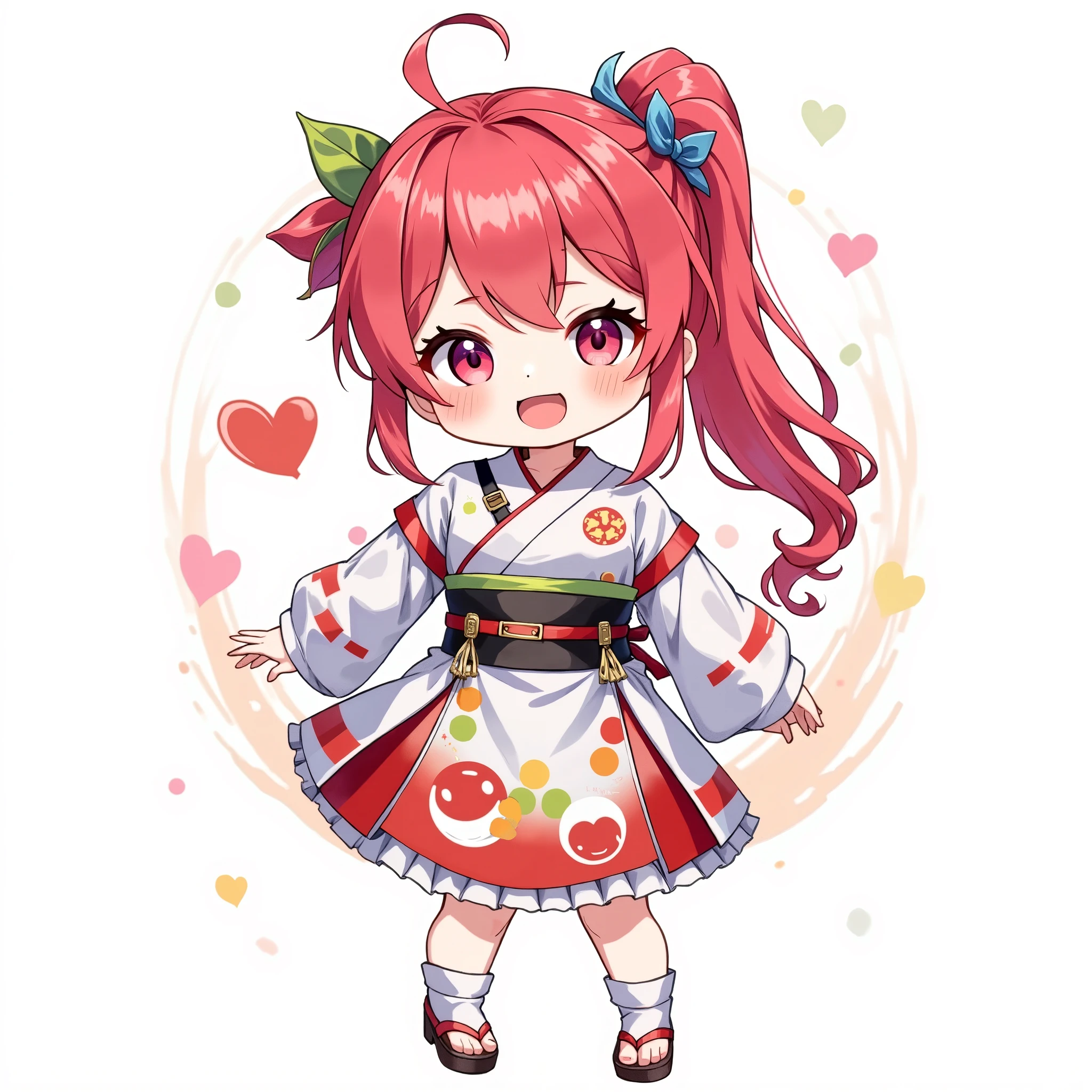 ( chibi:1.4), chibi character, chibi style, toe, (cwhite background:1.4),full body,masterpiece, high quality, 4K, HDR,, A girl with frills, anime style, Ninja、 with a cheerful smile、 open your mouth wide、 simple background、Japanese style、 kimono、Small hands、 ponytail, red hair , long hair,