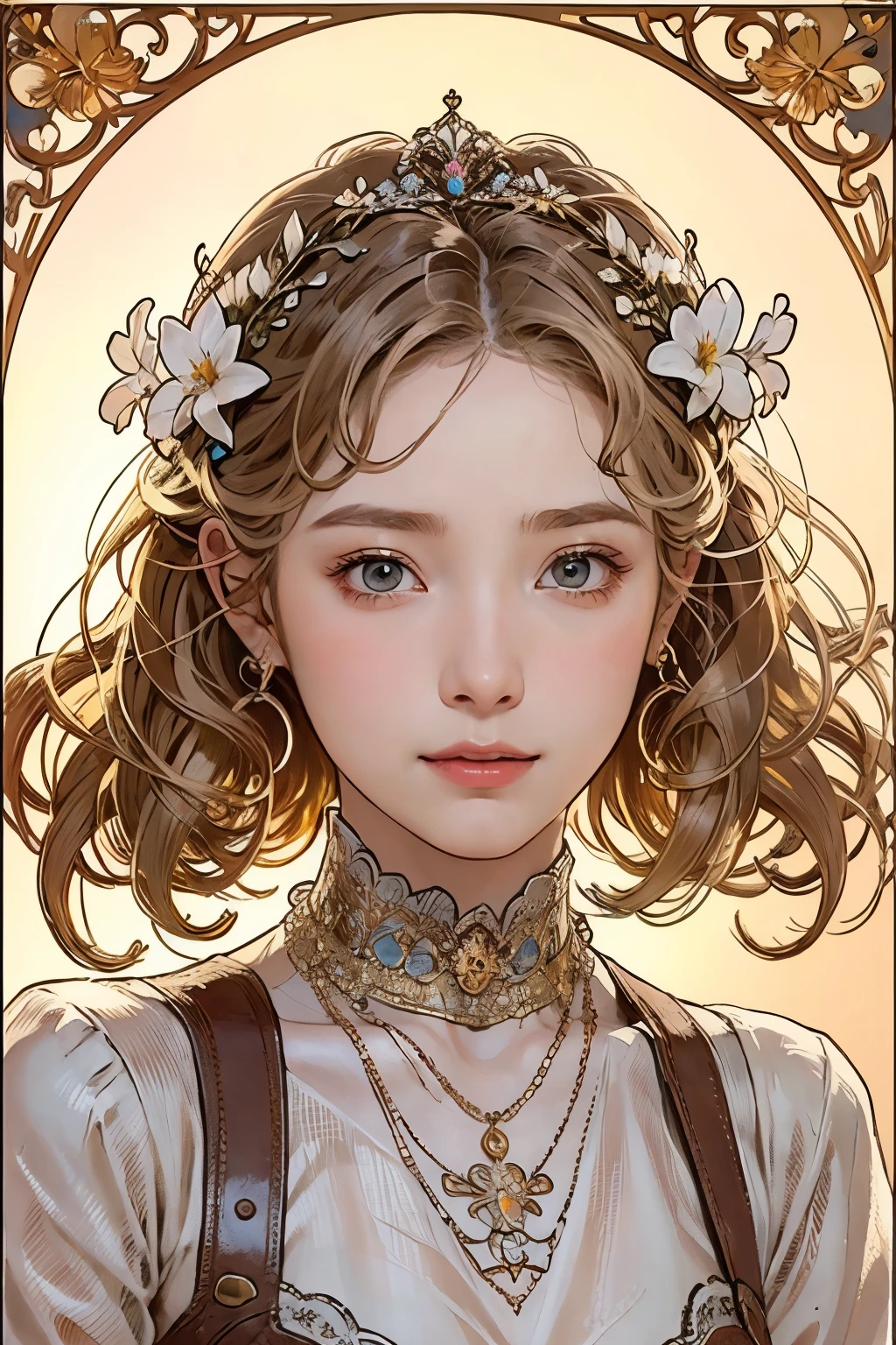 Close-up of a woman with light brown hair and golden background, Nordic queen, inspired by James Christensen, Art Nouveau, inspired by James C. Christensen, Gustav Klimt style, Fantastic beauty, Ancient goddess, inspired by Tosa Mitsunobu, inspired by Ed Murtic, (light oil painting of a beautiful woman), rough touch, focus on face, (calm and gentle small smile), (almost straight but loosely curled silver-gray medium hair), small flower hair ornament, (close-up), shiny skin, glossy lips, ((casual pale pastel pink spring sweater)), (smart figure), small necklace, beginning of spring, arrival of spring, spring atmosphere, colorful small spring flowers, vivid and warm spring colors, sunlight, Tyndall effect, young tree leaves, use of contour, clean lines, line drawing, fine details, intricate details, Fibonacci, bright and strong primary colors used partially as accents, floral frame, Art Nouveau frame, Art Nouveau-inspired decoration, decorative panel, masterpiece, fine and intricate details, splashes of color, (Alphonse Mucha's compositional style), impressionist style, atmospheric perspective, flying butterflies, hair blowing in the spring breeze, (bright spring flowers and light), everything sparkles and shines, lots of light particles, (let there be light!),