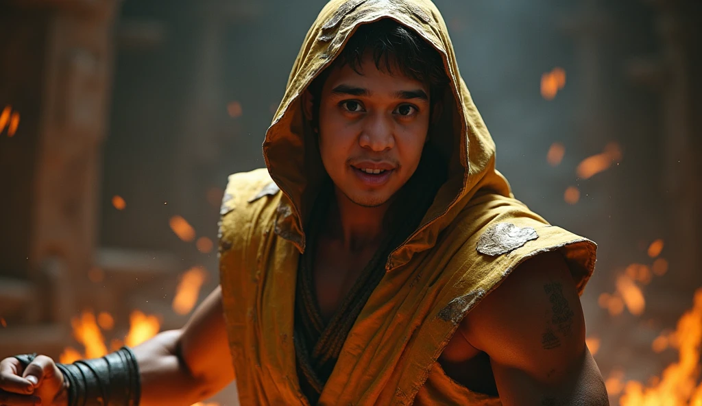 A 1 boy with 6 pack toned body with daggers in both hands , screaming powerup scene 