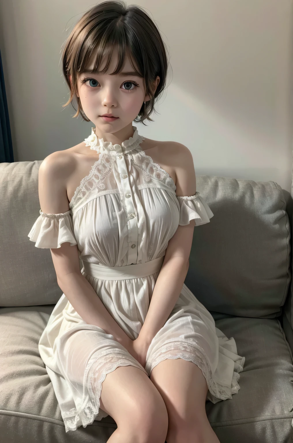 (masterpiece, best quality),kiddy, frilled summerdress, gray hair,twintails,scrunchie,nekomimi , sitting on cushion, (suggestive:1.2),