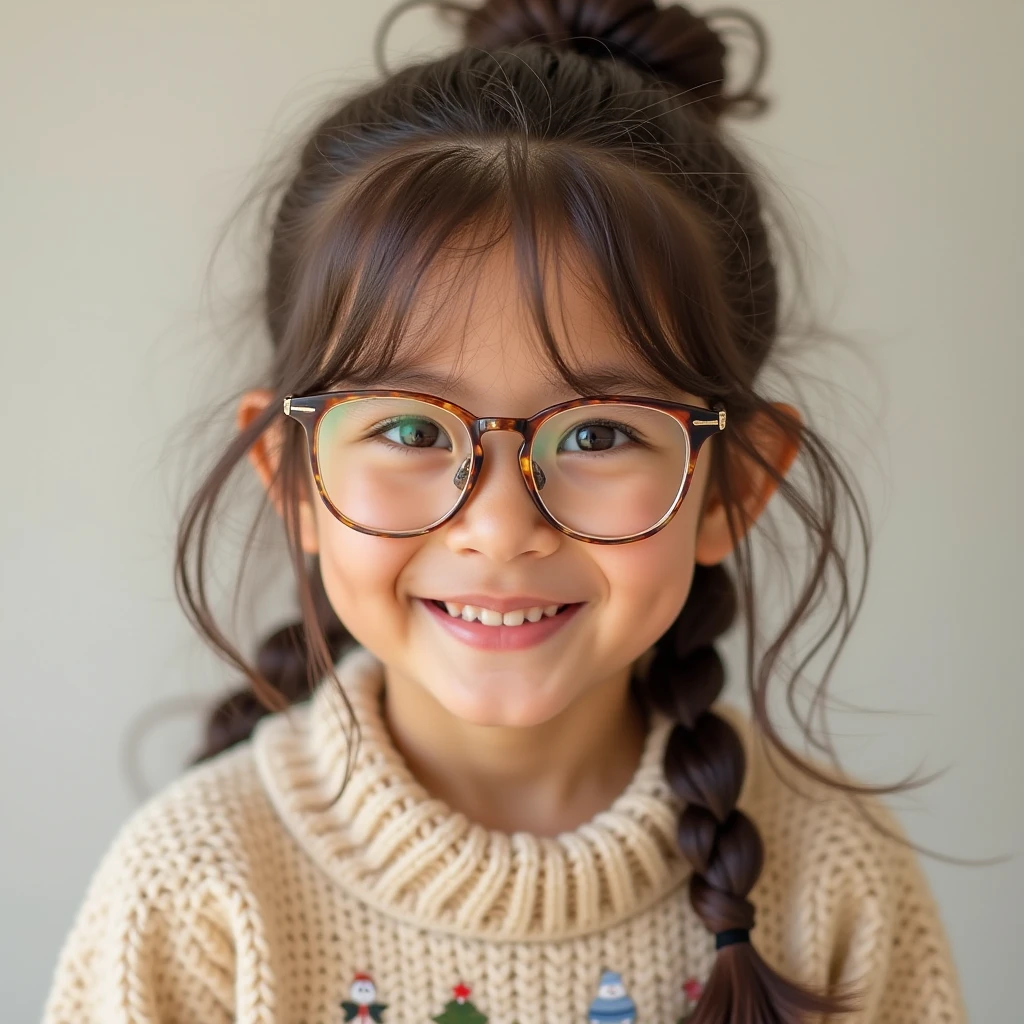 A with glasses, long straight hair, bangs and a bun on the top of her head, light skin and a tender face.