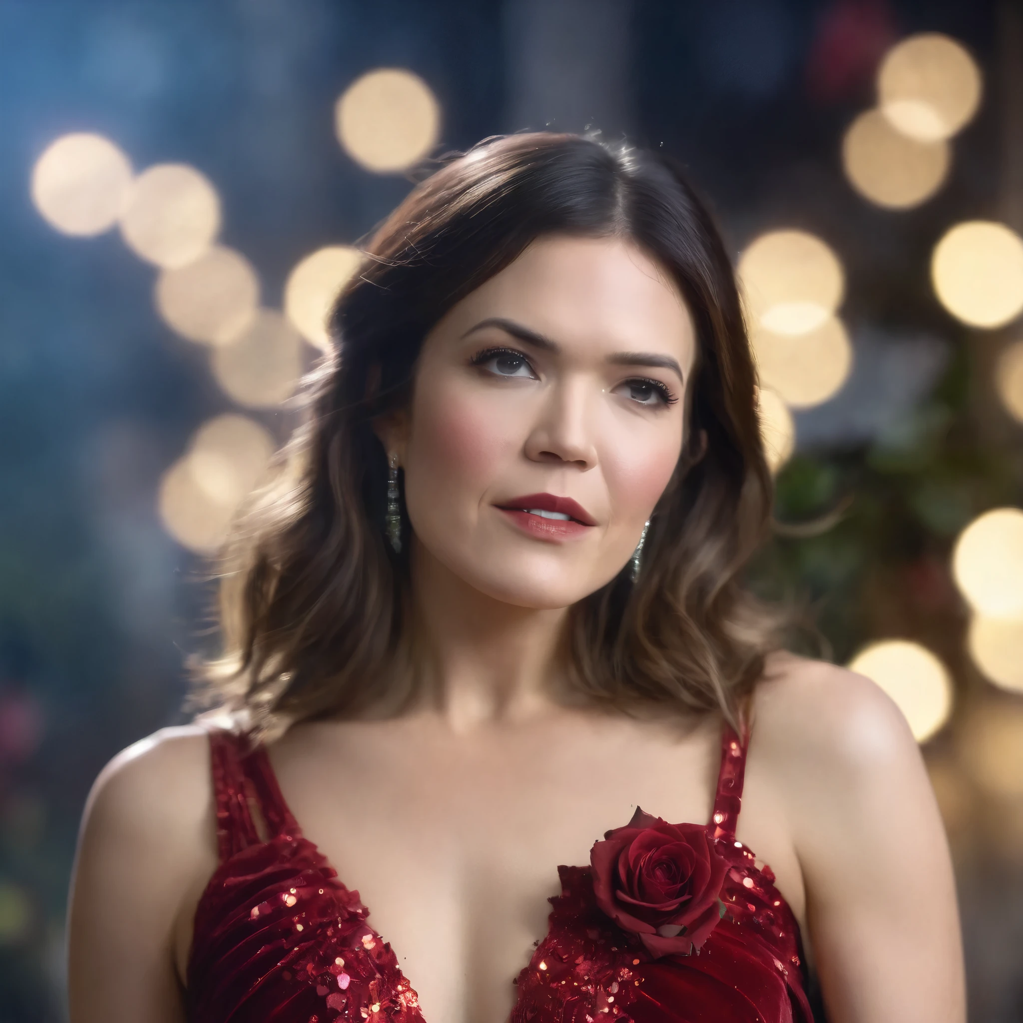 best quality, highres, 8k, masterpiece, photography, Mandy Moore is a folk music princess as she poses with a guitar in a vintage floral dress in an enchanted forest, 40 years old, a girl, long hair, (real skin texture: 1.3), (slender figure: 1.1), bright and shiny lips, (Immersive Ambience, Chiaroscuro: 1.5, Dim Light: 1.2, Glow Lighting), (Bokeh: 1.5), Blurred, delicate facial features, tiara, vintage floral dress, stockings, high contrast, (Fuji colors: 1.5), film grain