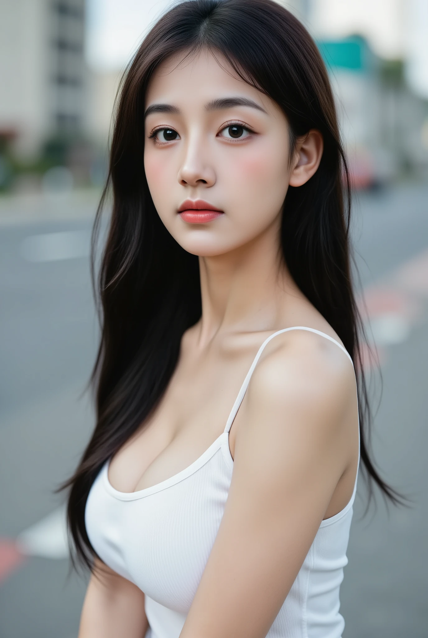 Arafed asian woman in white tank top posing for a picture - SeaArt AI