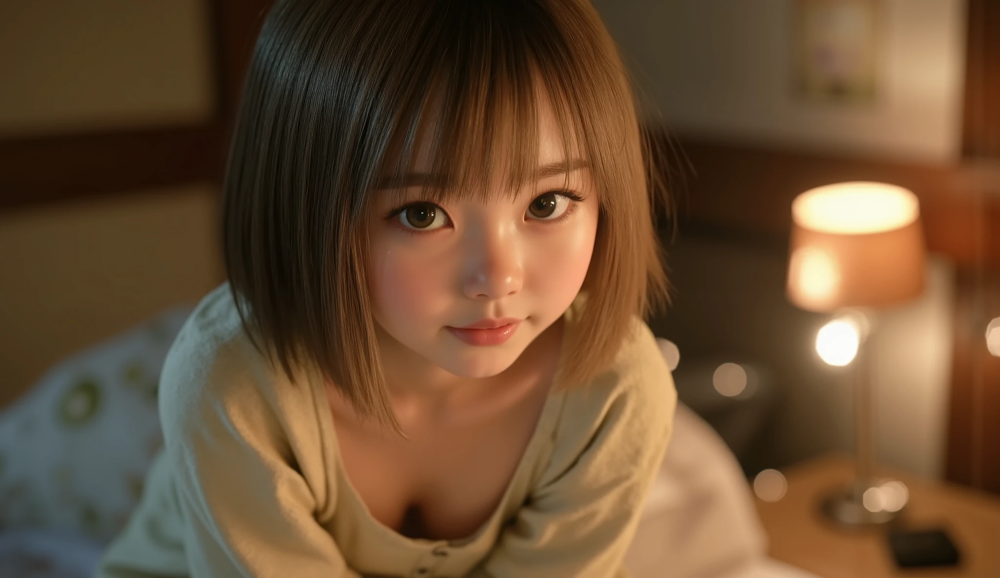criança , asian, japonesa, olhos grandes, surprised , youthful appearance , light salmon hair , detalhes eyes, pupil , iris, smiling, grin, Rounded face, youthful appearance , sentada na beira da bed, Swimwear, light bejo dress , vintage aesthetics , up face, full lips, short hair. luz media, luz Environment, schedule :night , reflexos no Environment, Environment focado, looking, Environment:Room, bed, being, objects, leds,