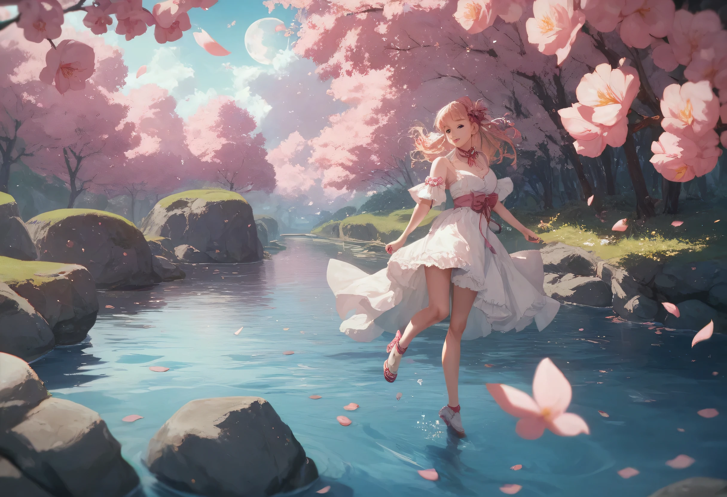 Anime girl in a white dress running through a stream of water - SeaArt AI