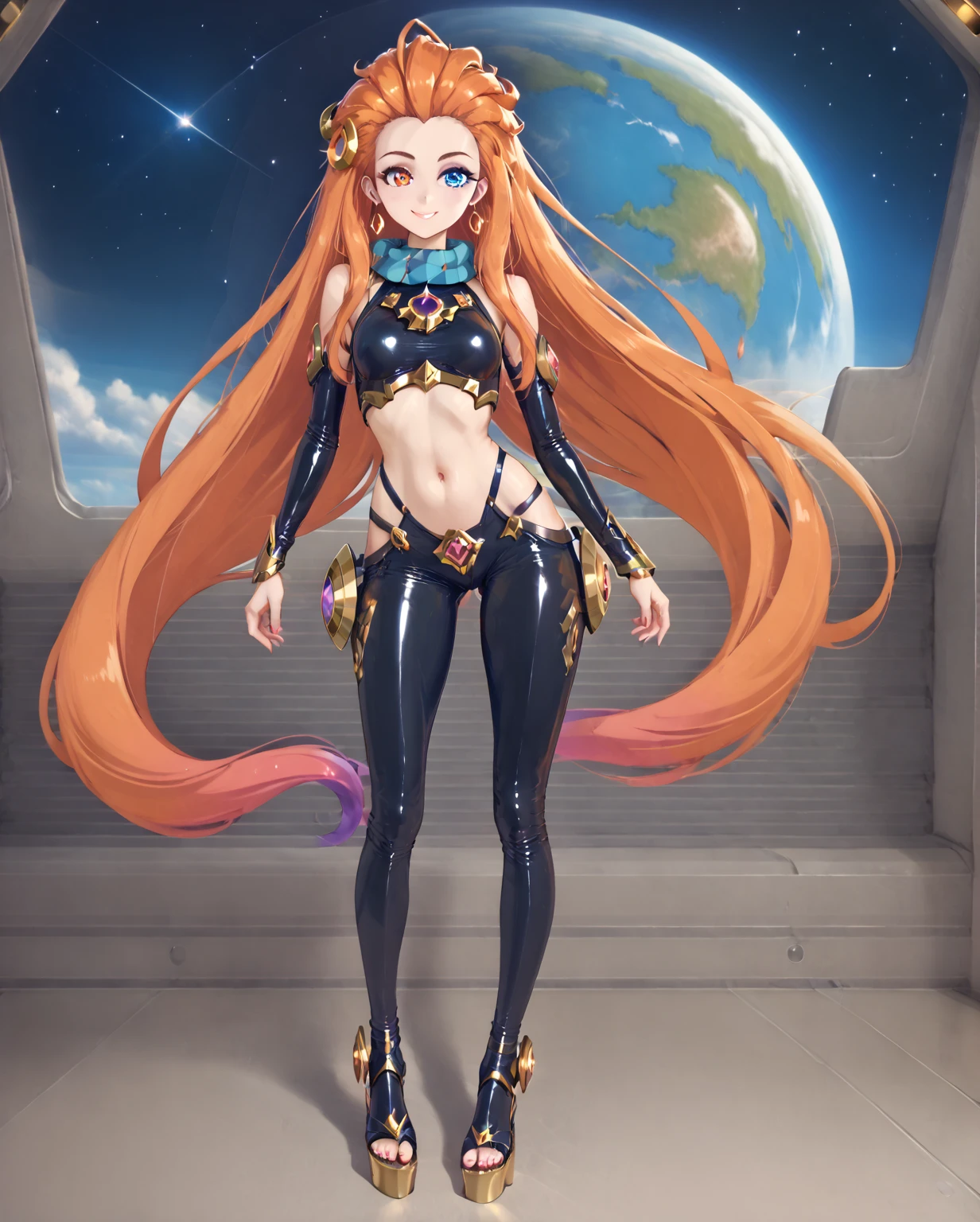 masterpiece, HD, best quality, kawaii, sparkles, stars, anime, 1 girl, anime girl, big breasts, hourglass figure, cleavage, wide hips, tight fitting clothes, green outfit, green eyes, pale skin, galaxy background, beautiful, long ginger hair, ginger hair girl, long hair, soft lips, gentle hands, delicate but dom, small waist, massive breasts and hips, galaxy, random expressikn, random gesture, anime style face, great definition, high quality, stars in background, stars around, unreal, ethereal