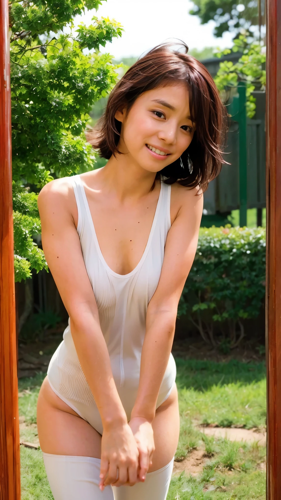 (( top quality)), absurd,( Ultra High Resolution),(photo is present:1.6), octane rendering ,(hyper is present:1.2), (photo is present face:1.2), the length is short、Immature body、Young Face、 attractive, hot, sensual, attractive, fishnet bodysuit that can be seen through you, transparent nipples 、Short sleeve, clothing cutouts , Japanese Beautiful Girl 、One 、 the length is short、非常に small breasts、 small breasts、Beautiful cherry-colored areola、 erect nipples、 small ass、 shaves hair , ( standing:1.2), Mischievous face,, ( is present:1.7), (8k), (masterpiece), ( is present skin texture), ( soft writing),( beautiful eyes:1), nipple、I can see through you、 transparent nipples 、 big smile