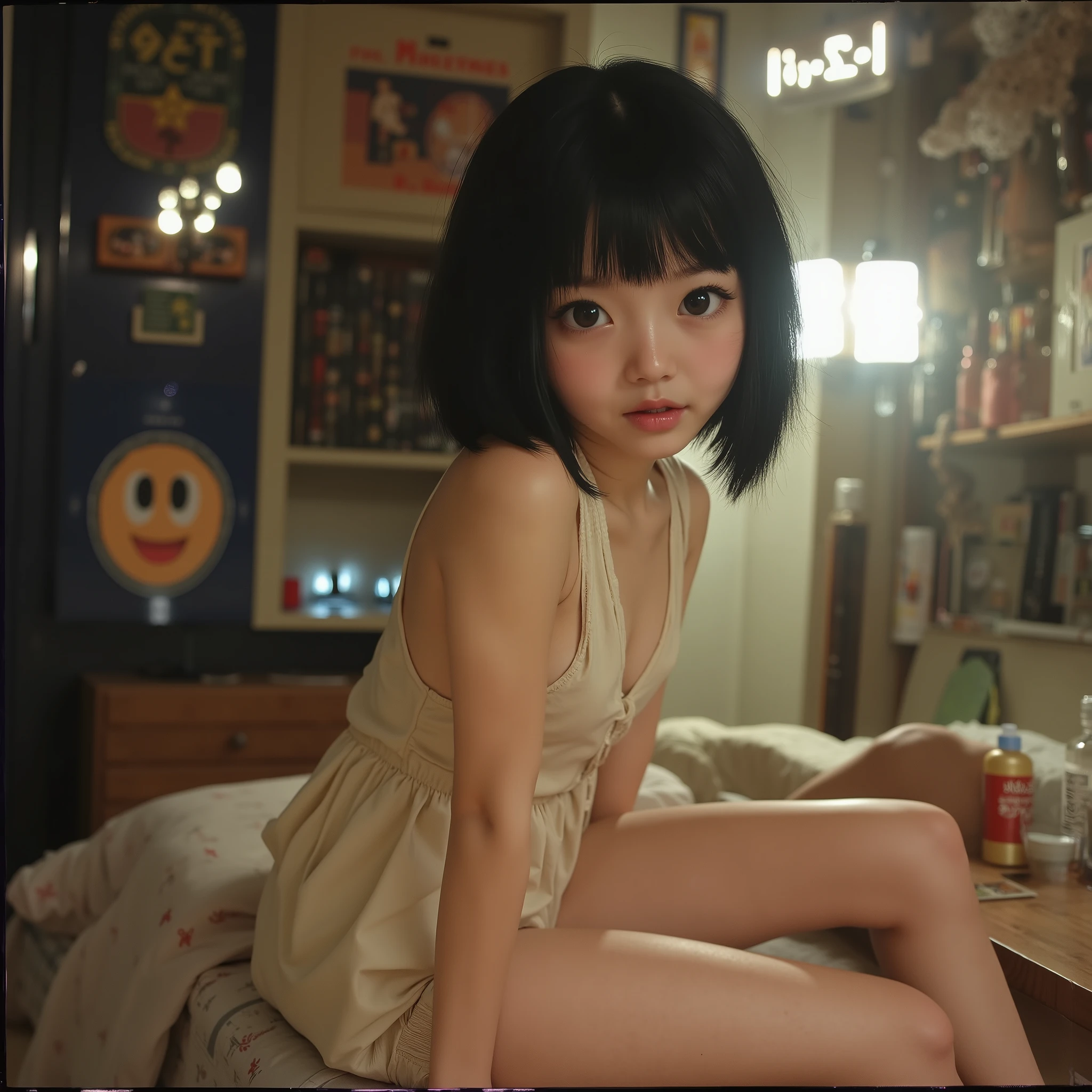 criança , s, asian, japonesa, olhos grandes, franja separada do lado direito, surprised , youthful appearance , light black hair , detalhes eyes, pupil , iris, smiling, grin, Rounded face, youthful appearance , sentada na beira da bed, Swimwear, light bejo dress , vintage aesthetics ,cute face, full lips, short hair. luz media, luz Environment, schedule :night , reflexos no Environment, Environment focado, looking, Environment:Room, bed, being, objects, leds,