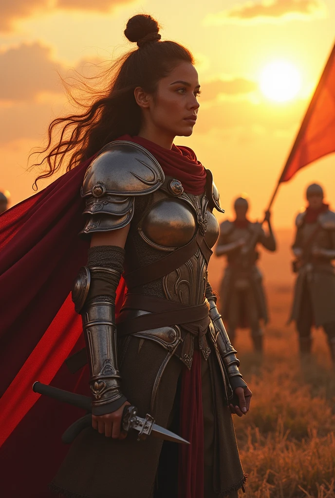 female rider wielding a sword on a battlefield , ((work of art, Maximum quality, high resolution, highly detailed 8K unified CG wallpaper)), (huge stunning photo of goddess, Very hot and sexy, jaw dropping beauty, perfect proportions, Body cute, Slim Body Beauty:1.3), (A medieval female rider in luminous armor:1.5), (Her long black hair is tied back, wearing armor, red cape on the back, used in finely crafted, detailed armor, with a sword hanging from a thick belt:1.5), visible thighs, from above view, female rider,