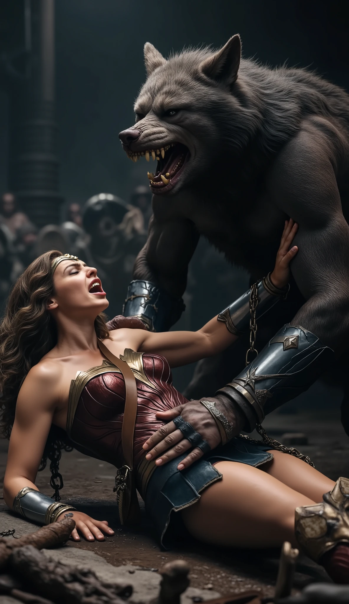 Gal Gadot is Wonder woman, fighting with the Steppenwolf, a very beautiful Gal Gadot face, very bright white skin, brown hair, painful face, never smile, unconscious, eyes close, bound arms by chain behind her back, she is defeated, the Steppenwolf severely assault from front of wonder woman, face to face, a huge body fierce Steppenwolf is holding Wonder woman body, the Steppenwolf is taller than Wonder woman, his hand on her crotch, photorealistic, hyper realistic, whole body visible, in the night, ancient myth war,